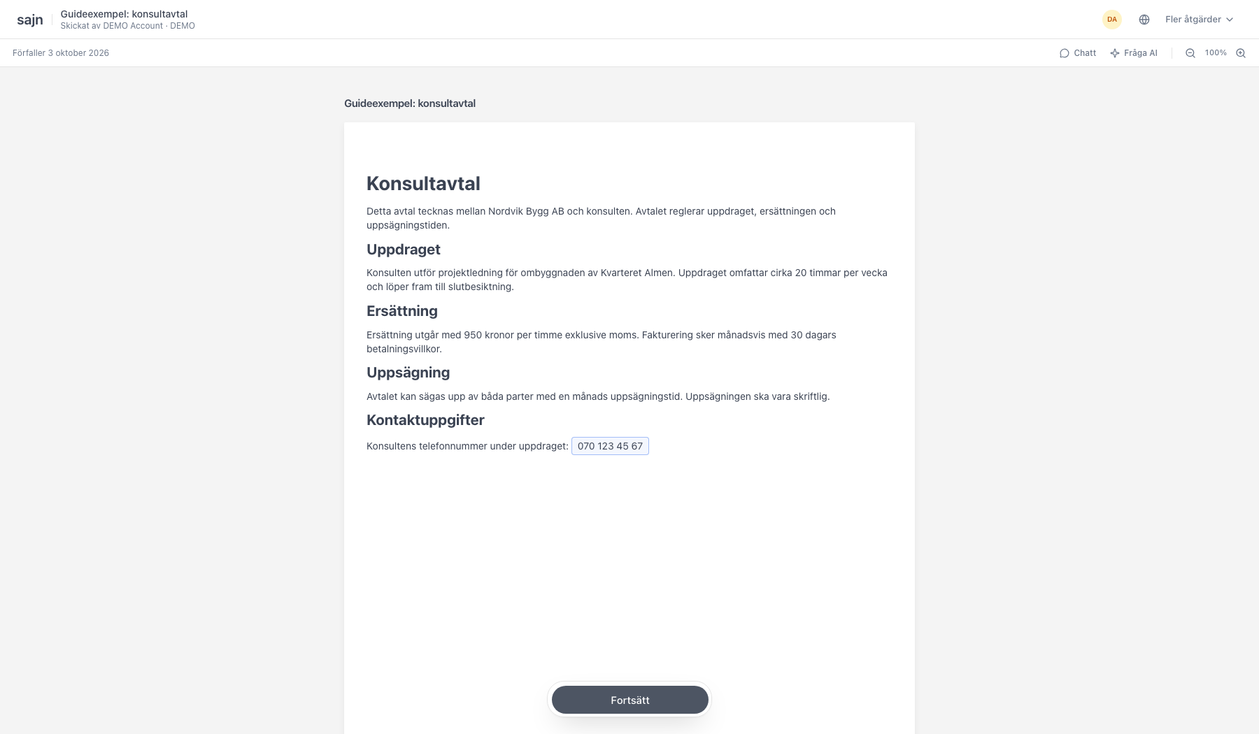 Telefonnummerfältet ifyllt i dokumentet och knappen Fortsätt längst ner