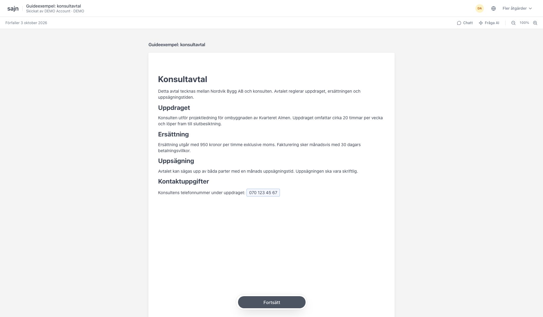 Telefonnummerfältet ifyllt i dokumentet och knappen Fortsätt längst ner