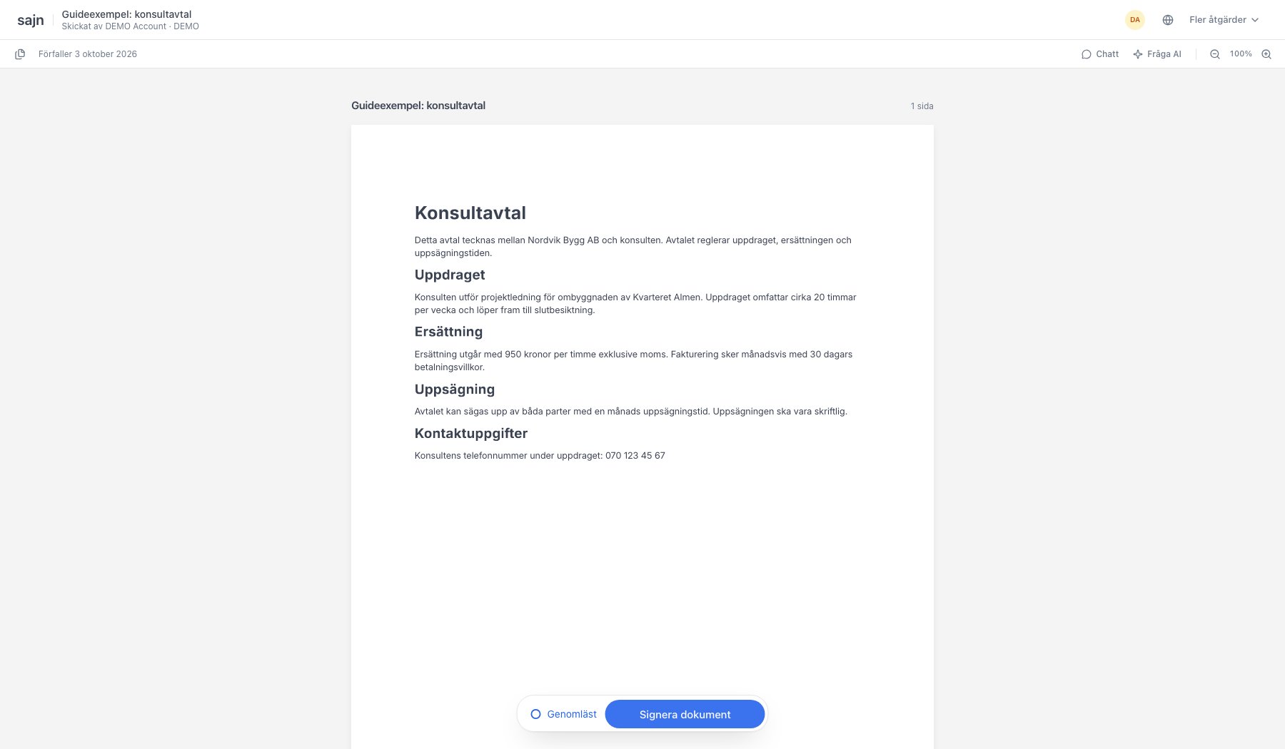 Dokumentet markerat som genomläst med knappen Signera dokument