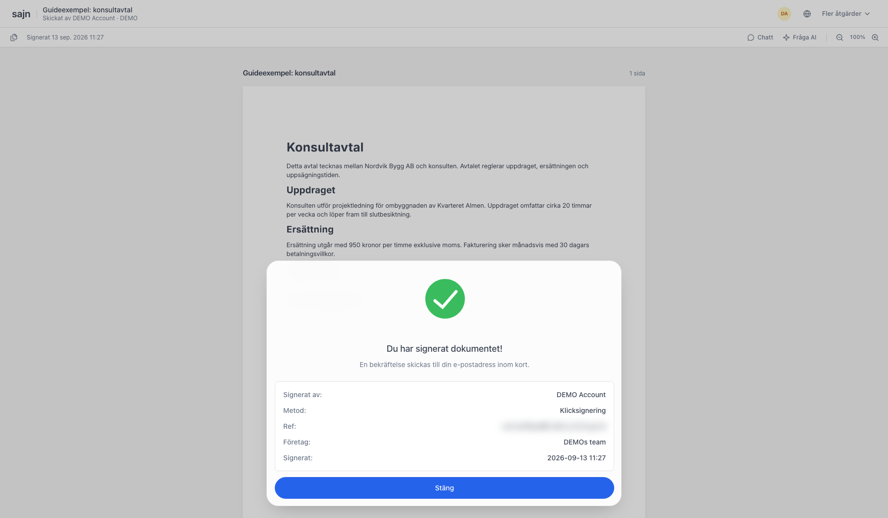 Kvitto med signerat av, metod, referens, företag och tidpunkt