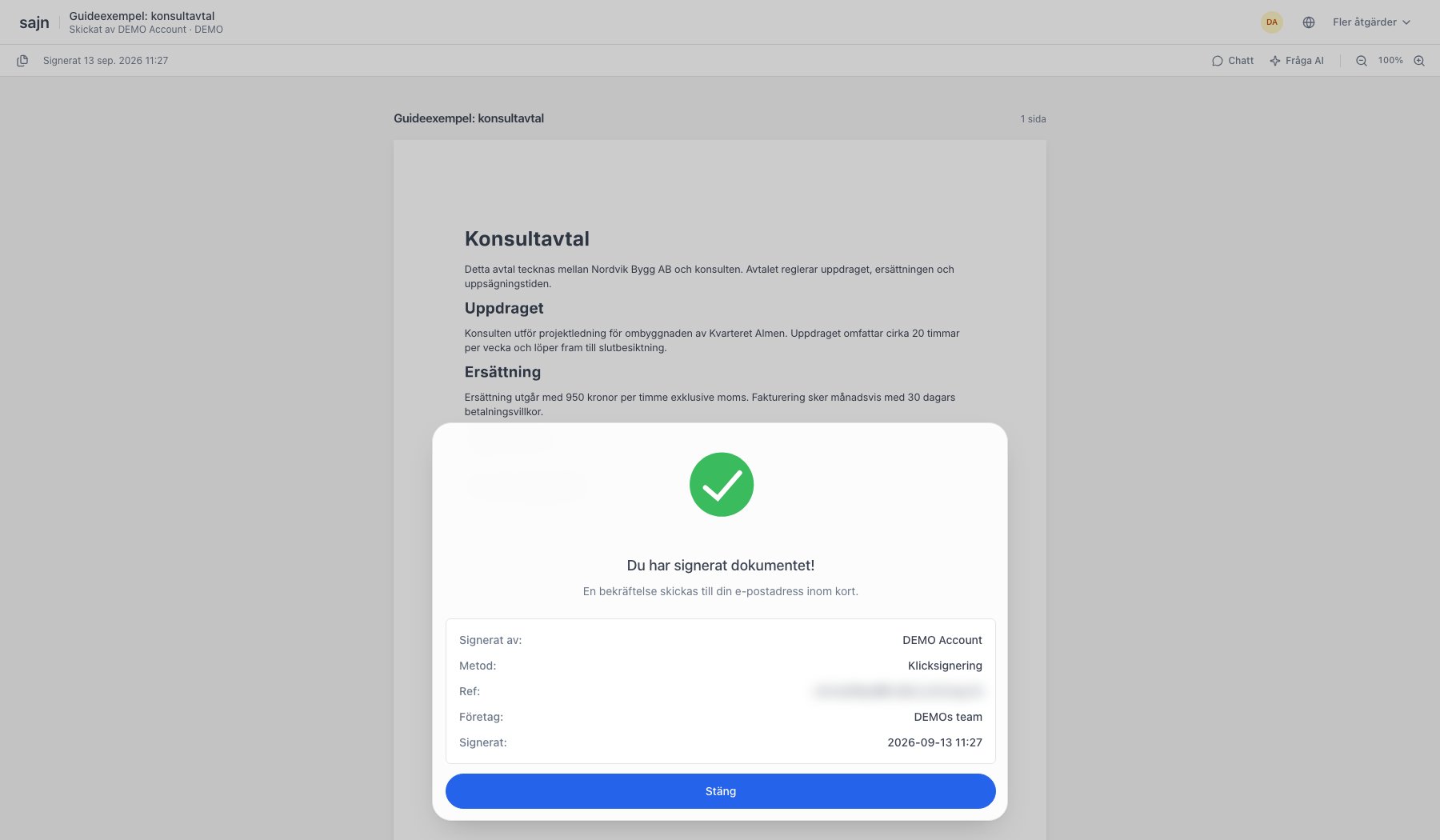 Kvitto med signerat av, metod, referens, företag och tidpunkt
