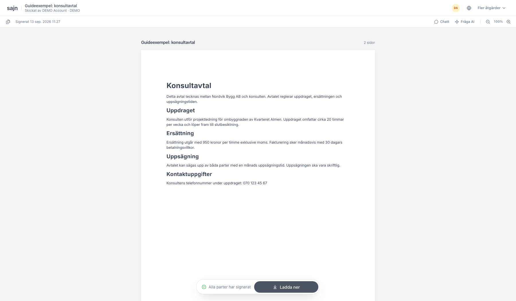 Signeringssidan med texten Alla parter har signerat och knappen Ladda ner