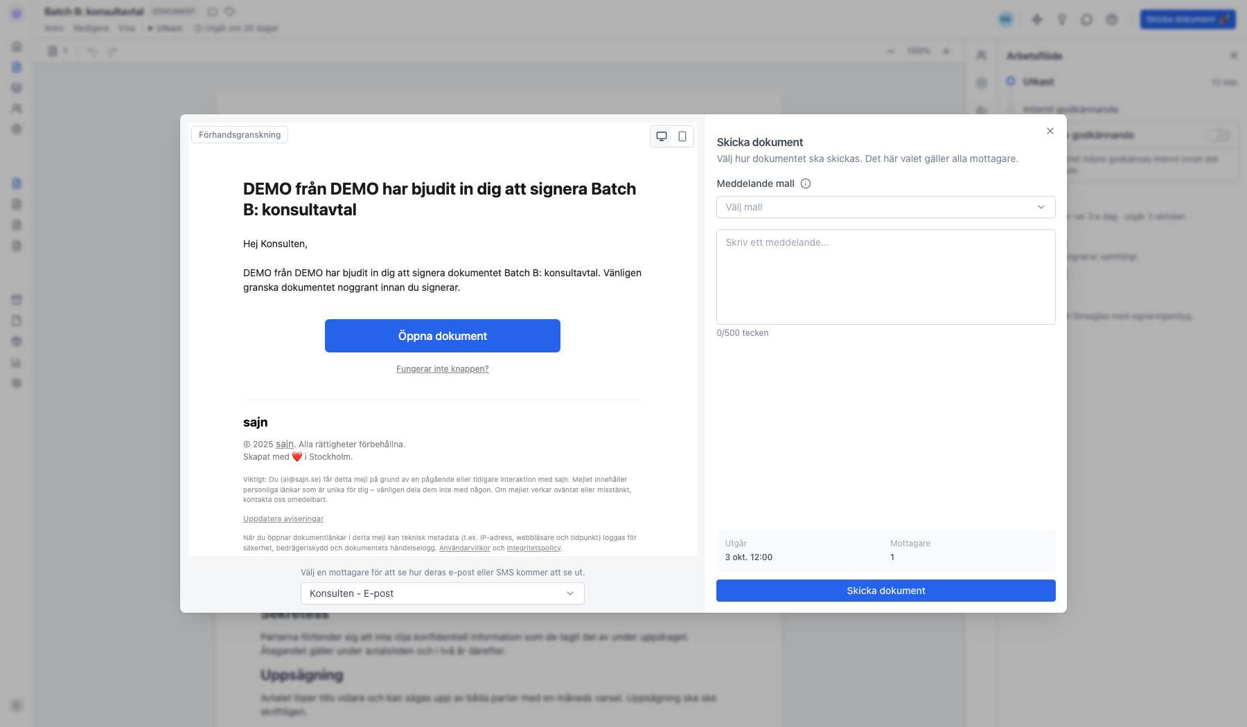 Dialogen Skicka dokument med förhandsgranskning av e-posten till vänster och meddelandefält till höger