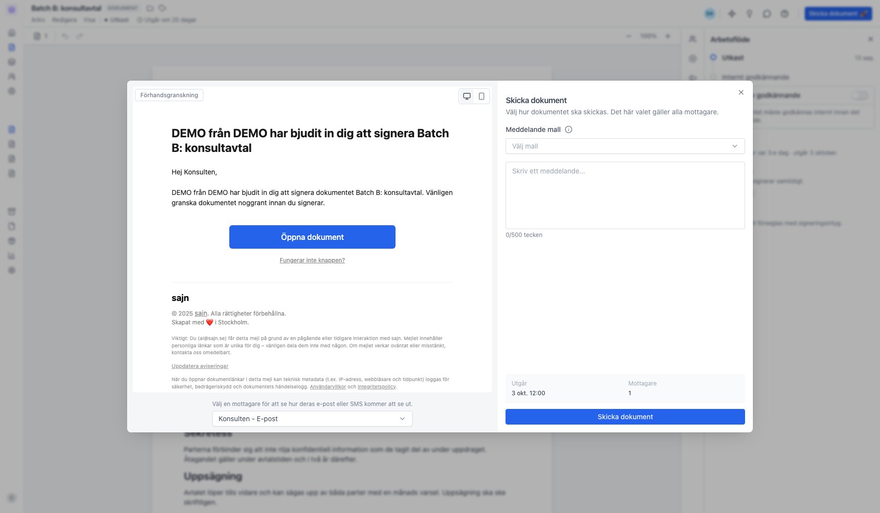 Dialogen Skicka dokument med förhandsgranskning av e-posten till vänster och meddelandefält till höger