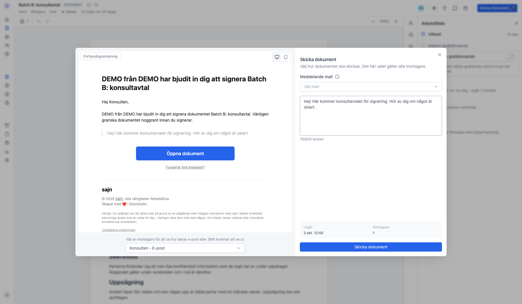 Meddelandefältet ifyllt i dialogen Skicka dokument