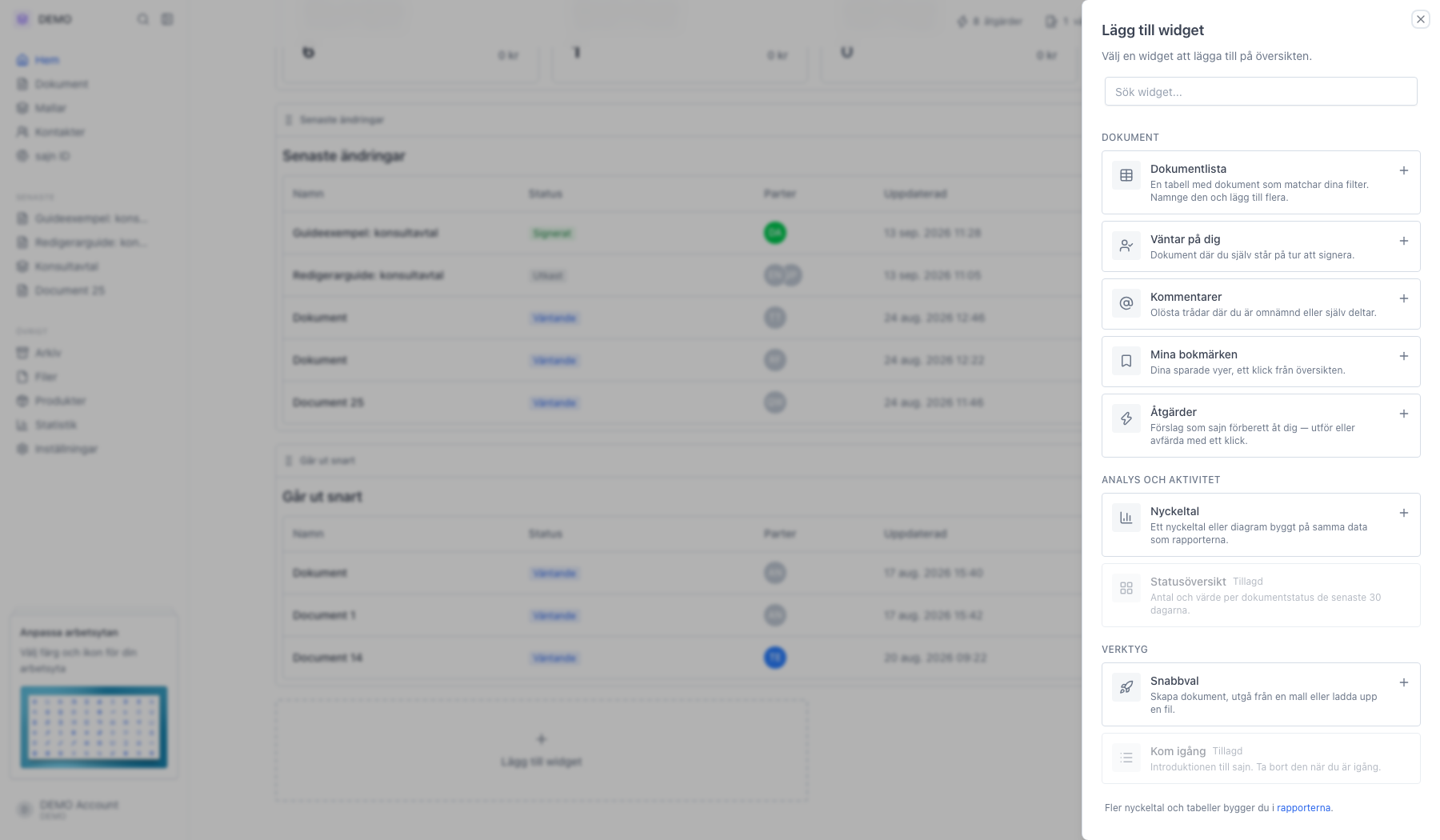 Panelen Lägg till widget med grupperna Dokument, Analys och aktivitet samt Verktyg