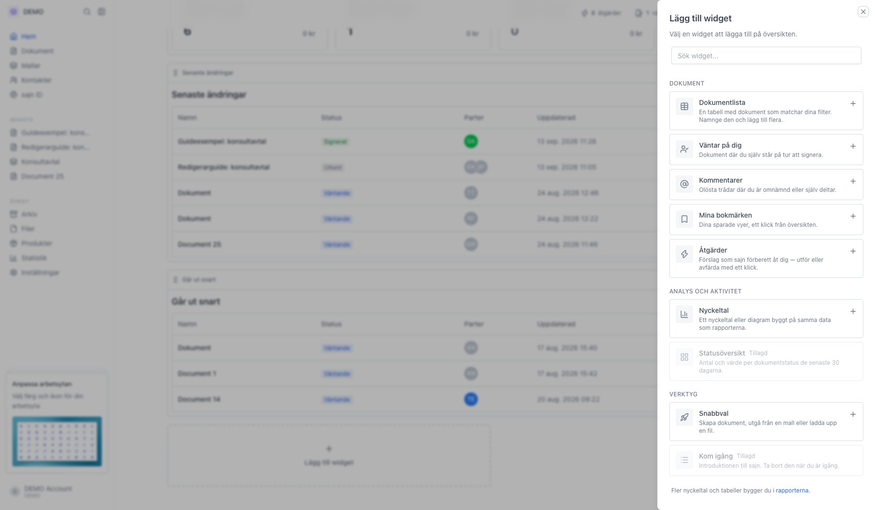 Panelen Lägg till widget med grupperna Dokument, Analys och aktivitet samt Verktyg