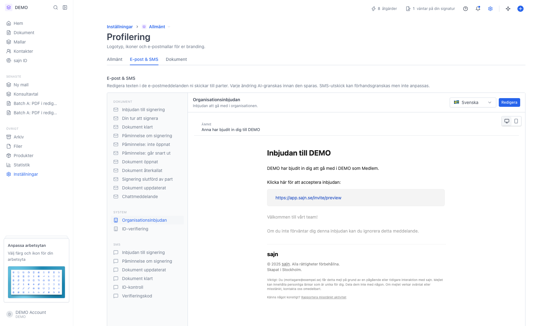 Mallen Organisationsinbjudan vald under gruppen System