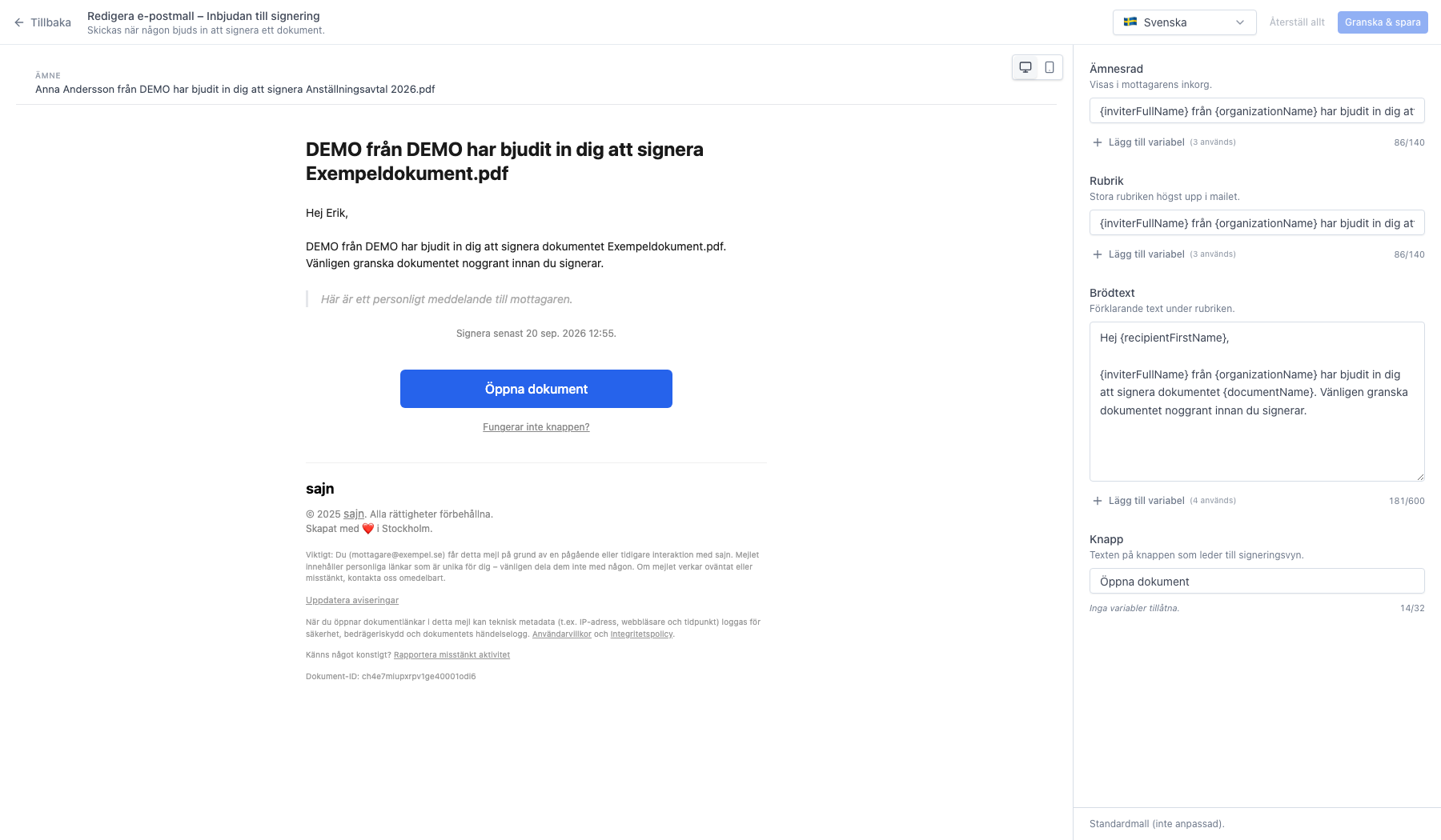 Helskärmsredigeraren med förhandsvisning till vänster och fälten Ämnesrad, Rubrik, Brödtext och Knapp till höger
