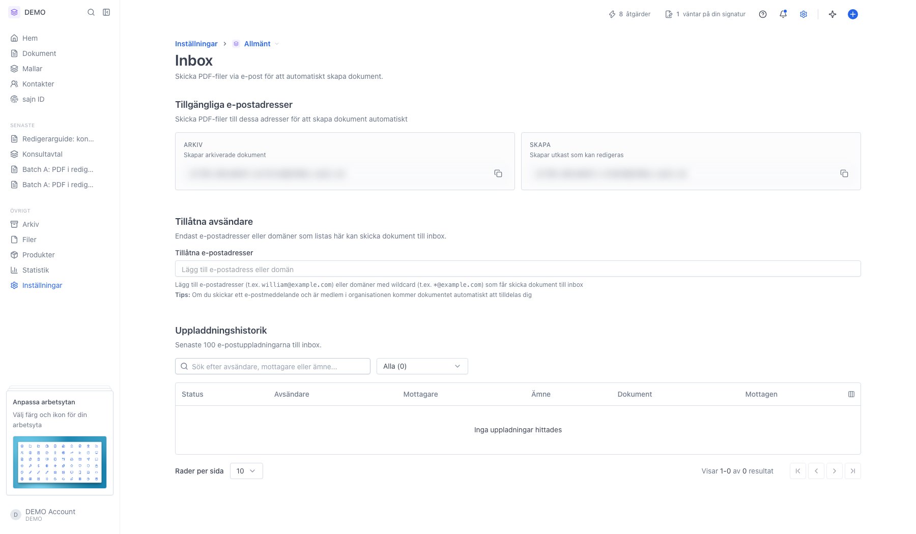 Sidan Inbox med de tre avsnitten. Adresserna är maskade