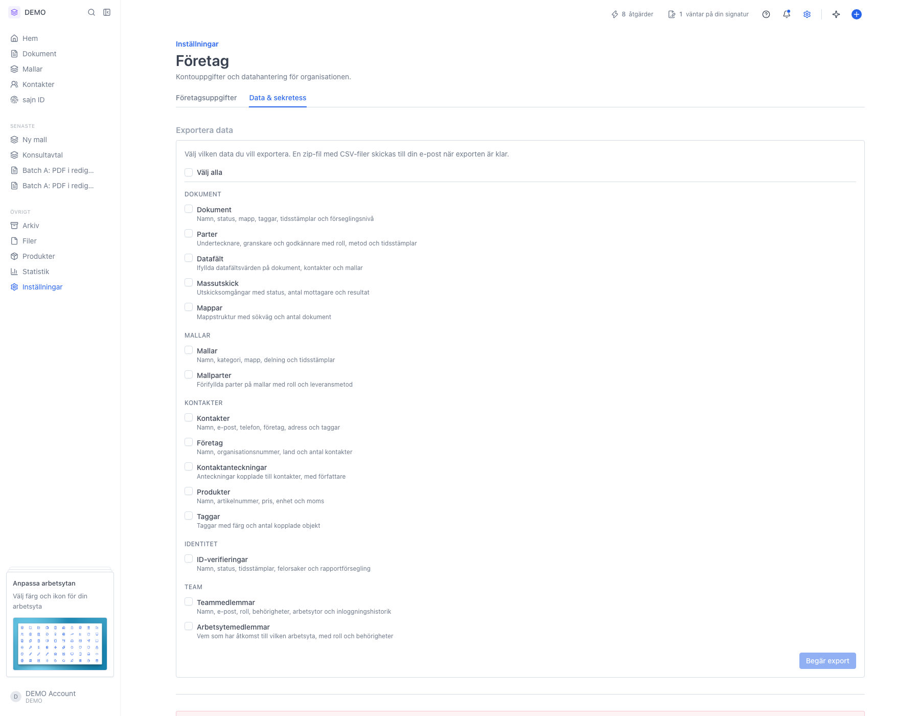Fliken Data & sekretess öppen under Inställningar › Företag