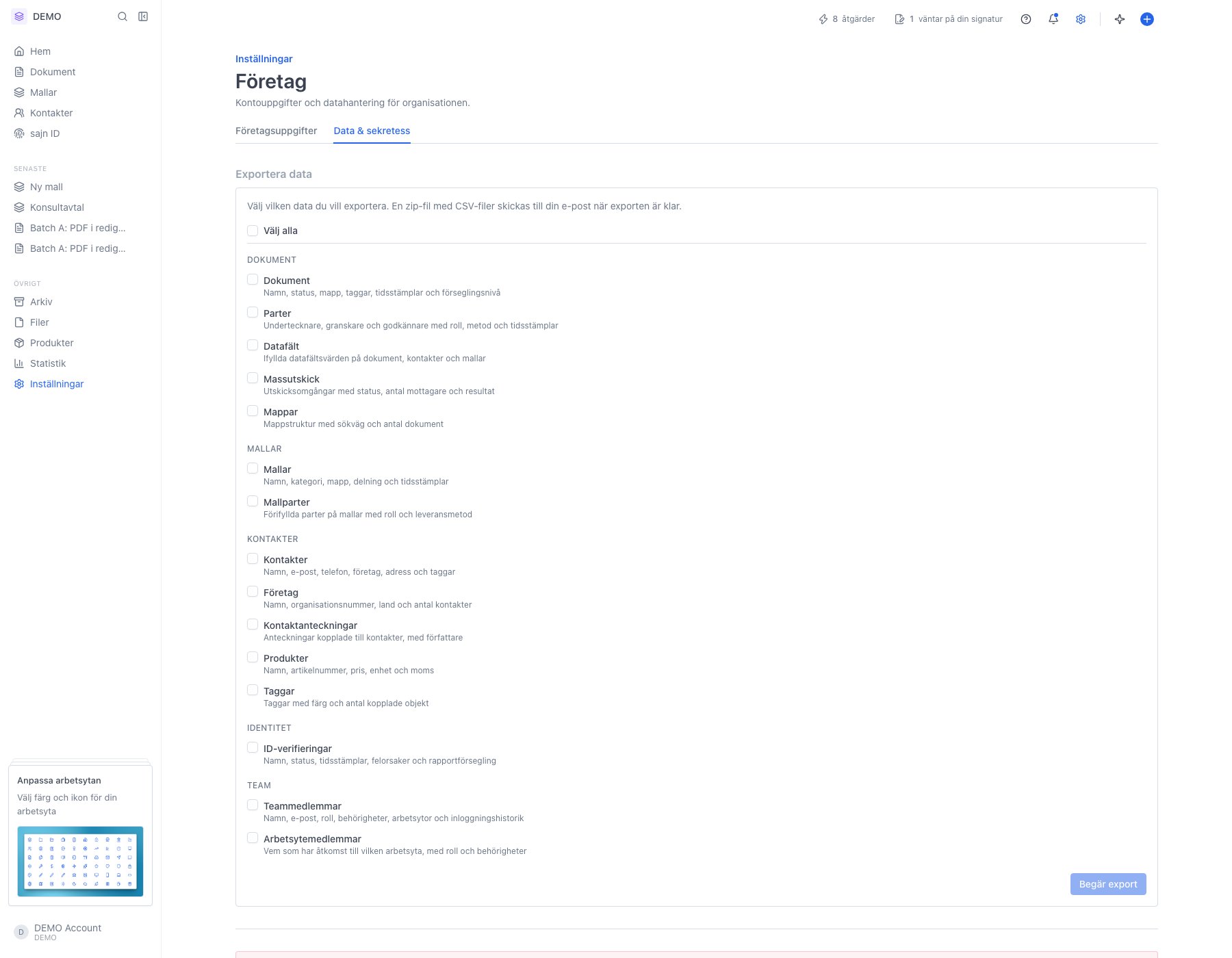 Fliken Data & sekretess öppen under Inställningar › Företag