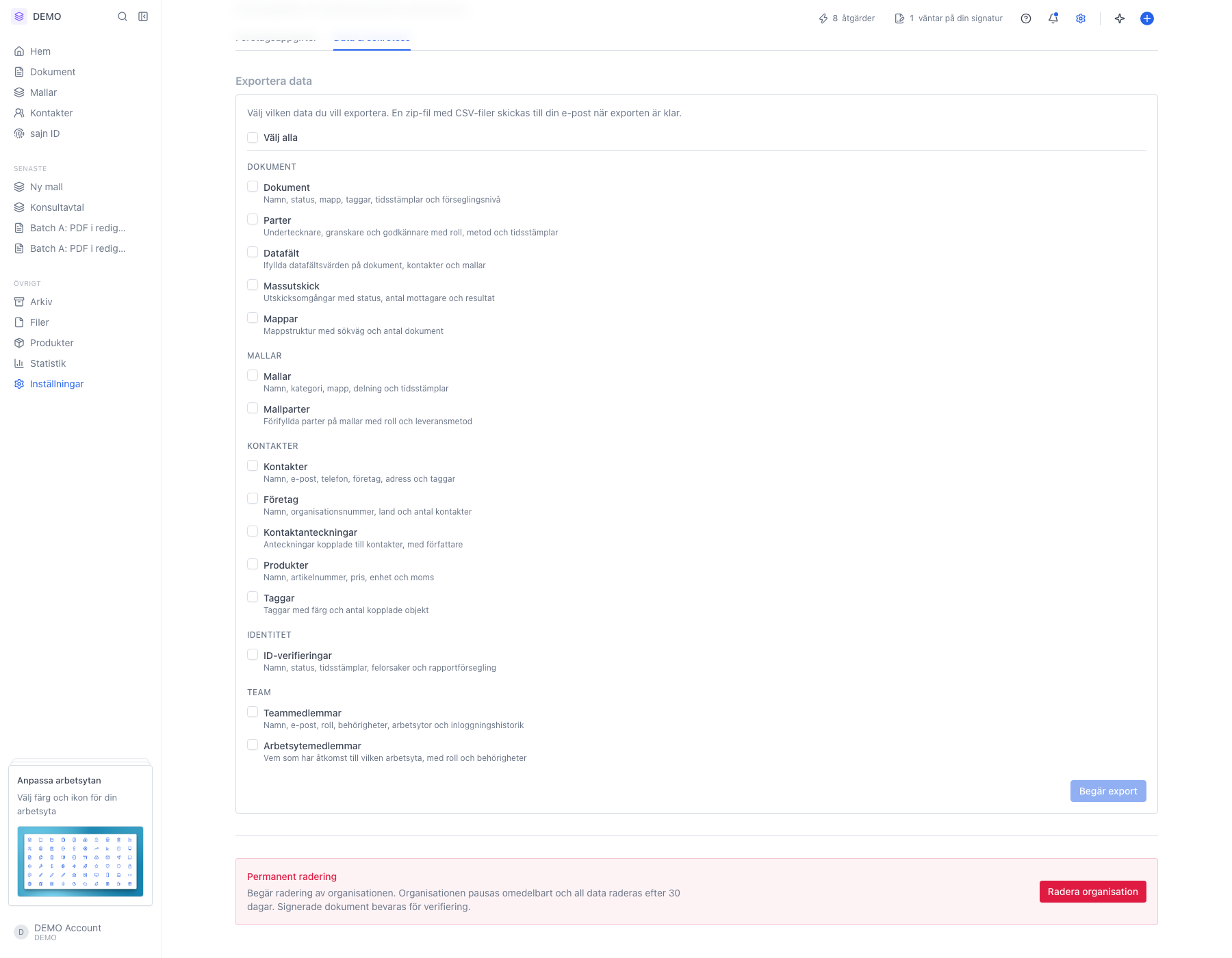 Samtliga datatyper i fem grupper med knappen Begär export längst ned
