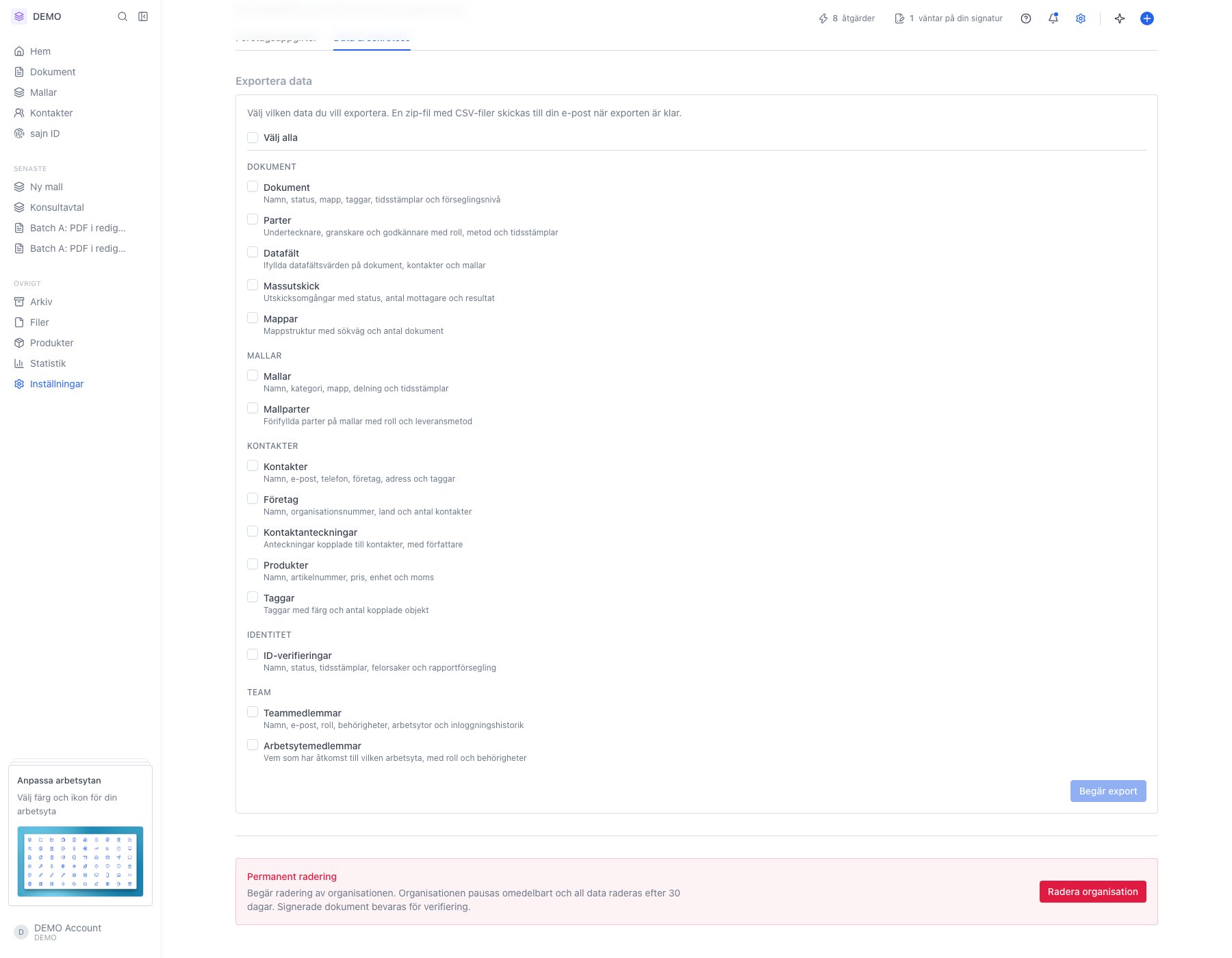 Samtliga datatyper i fem grupper med knappen Begär export längst ned