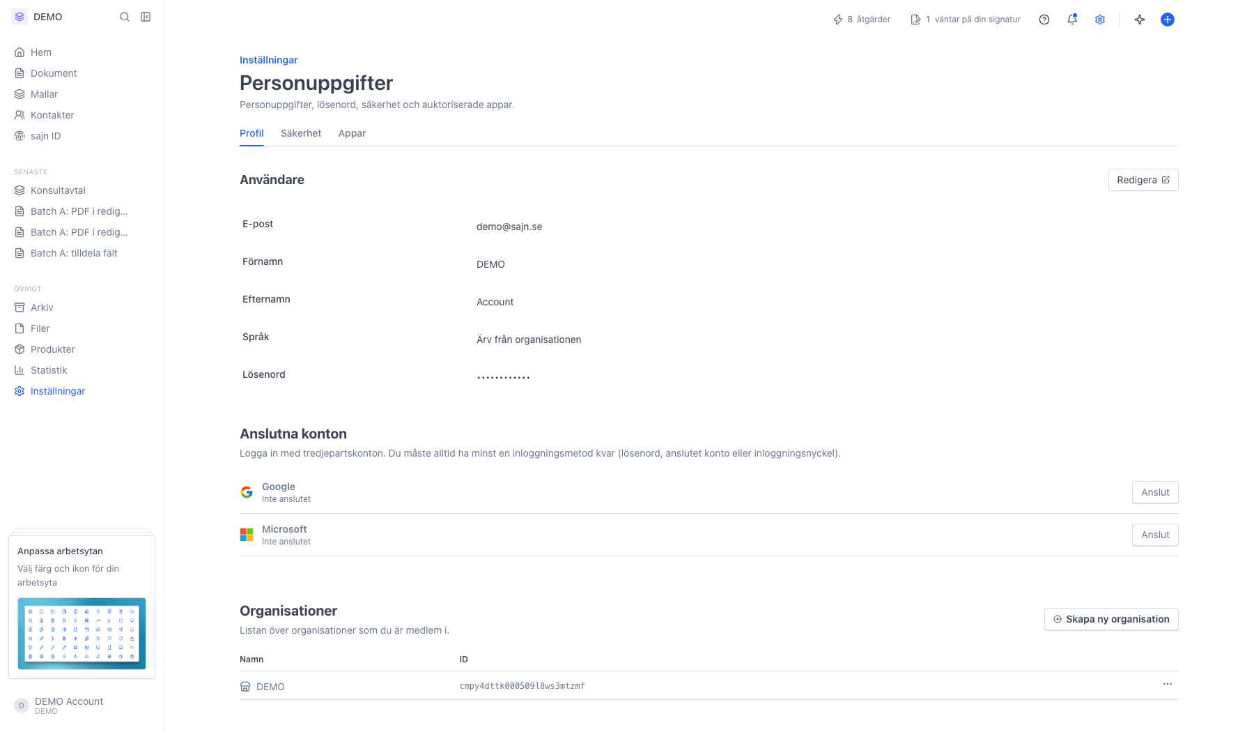 Sidan Personuppgifter under Personliga inställningar