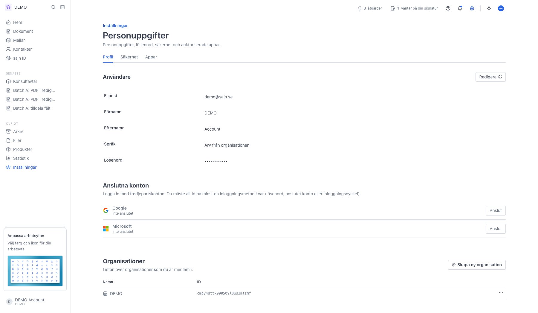 Sidan Personuppgifter under Personliga inställningar
