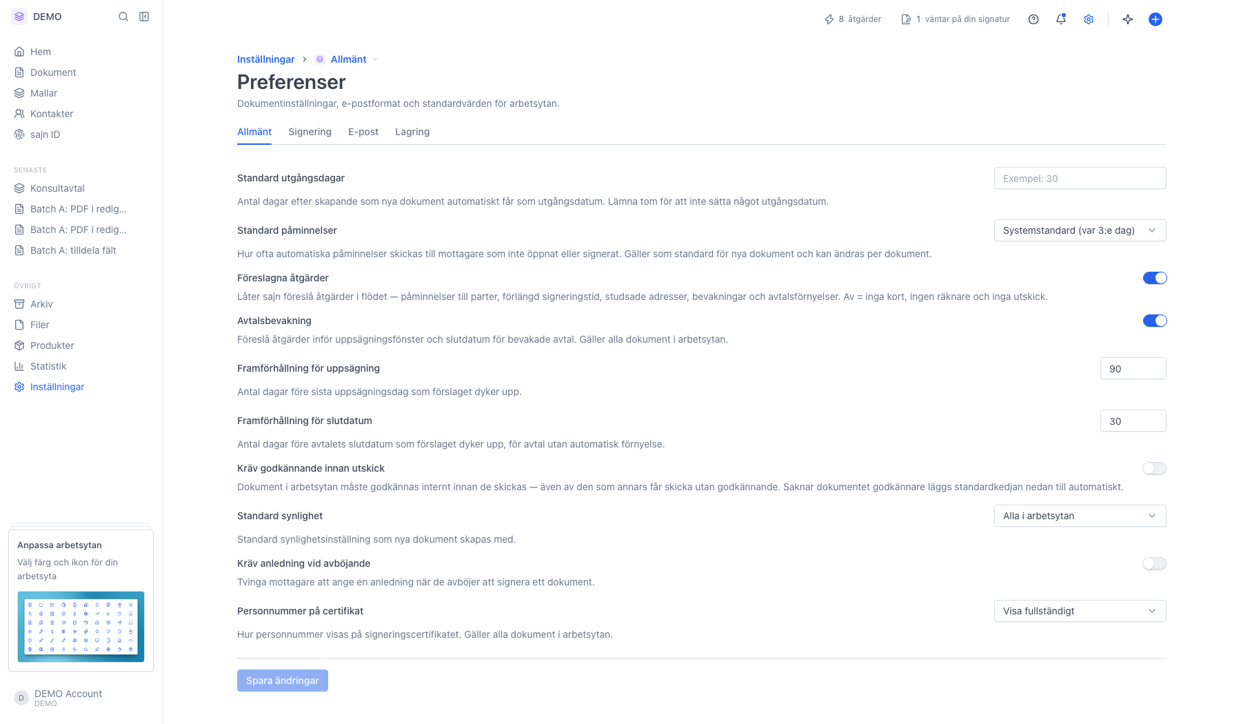 Sidan Preferenser under Arbetsyteinställningar