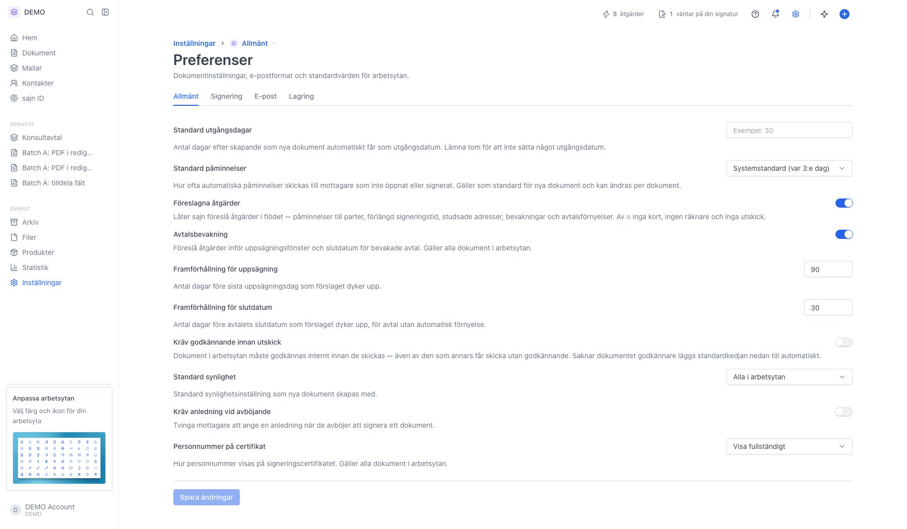 Sidan Preferenser under Arbetsyteinställningar