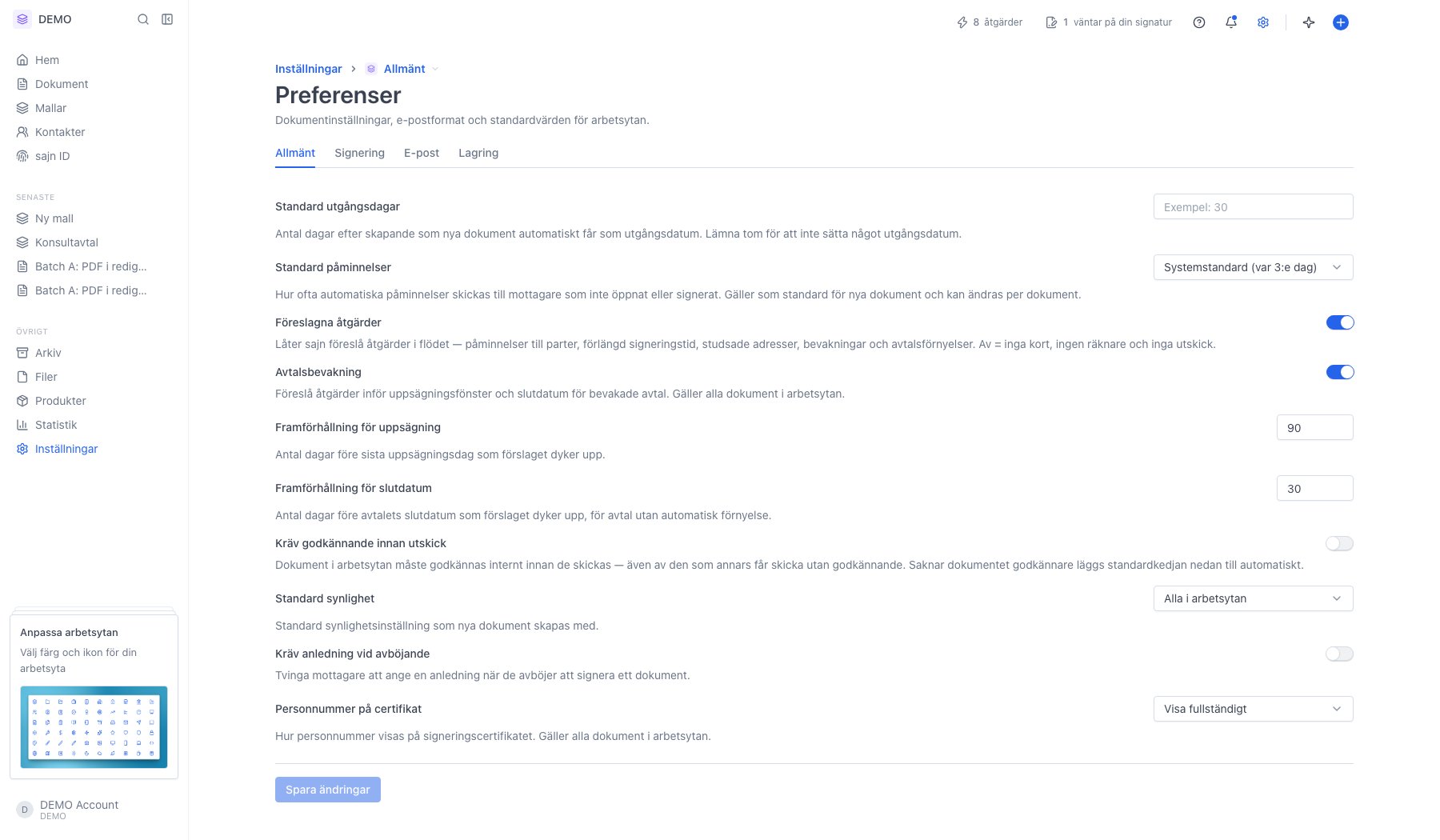 Fliken Allmänt på Preferenser-sidan