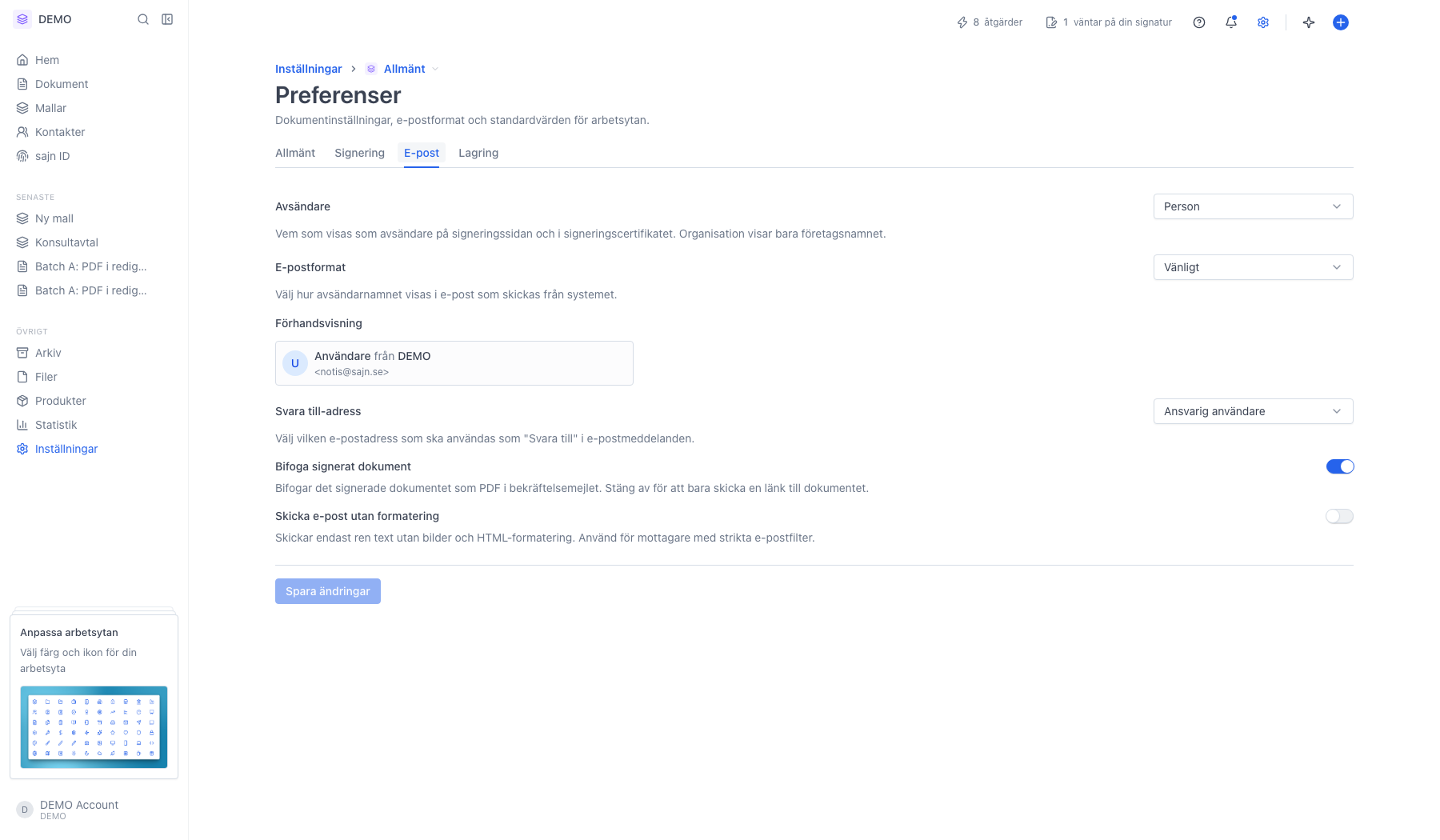 Fliken E-post med avsändare, format och förhandsvisning