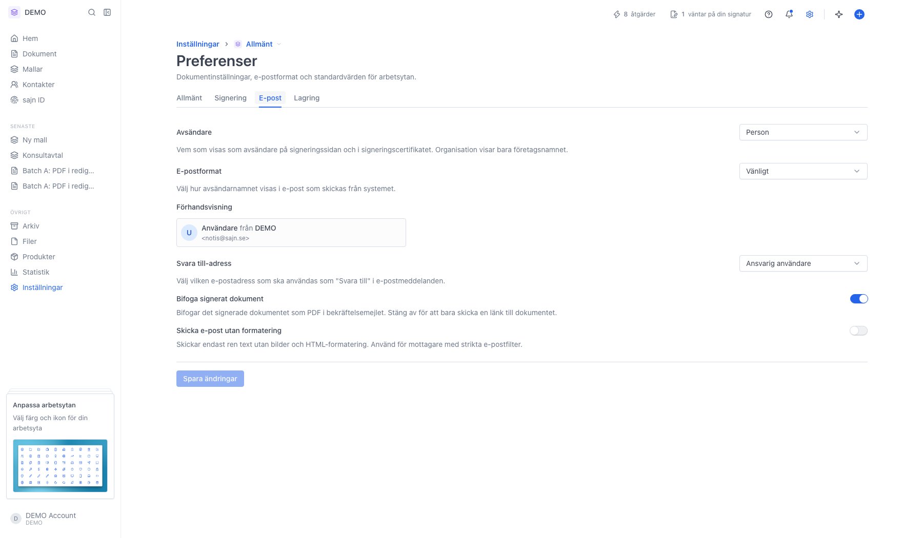 Fliken E-post med avsändare, format och förhandsvisning