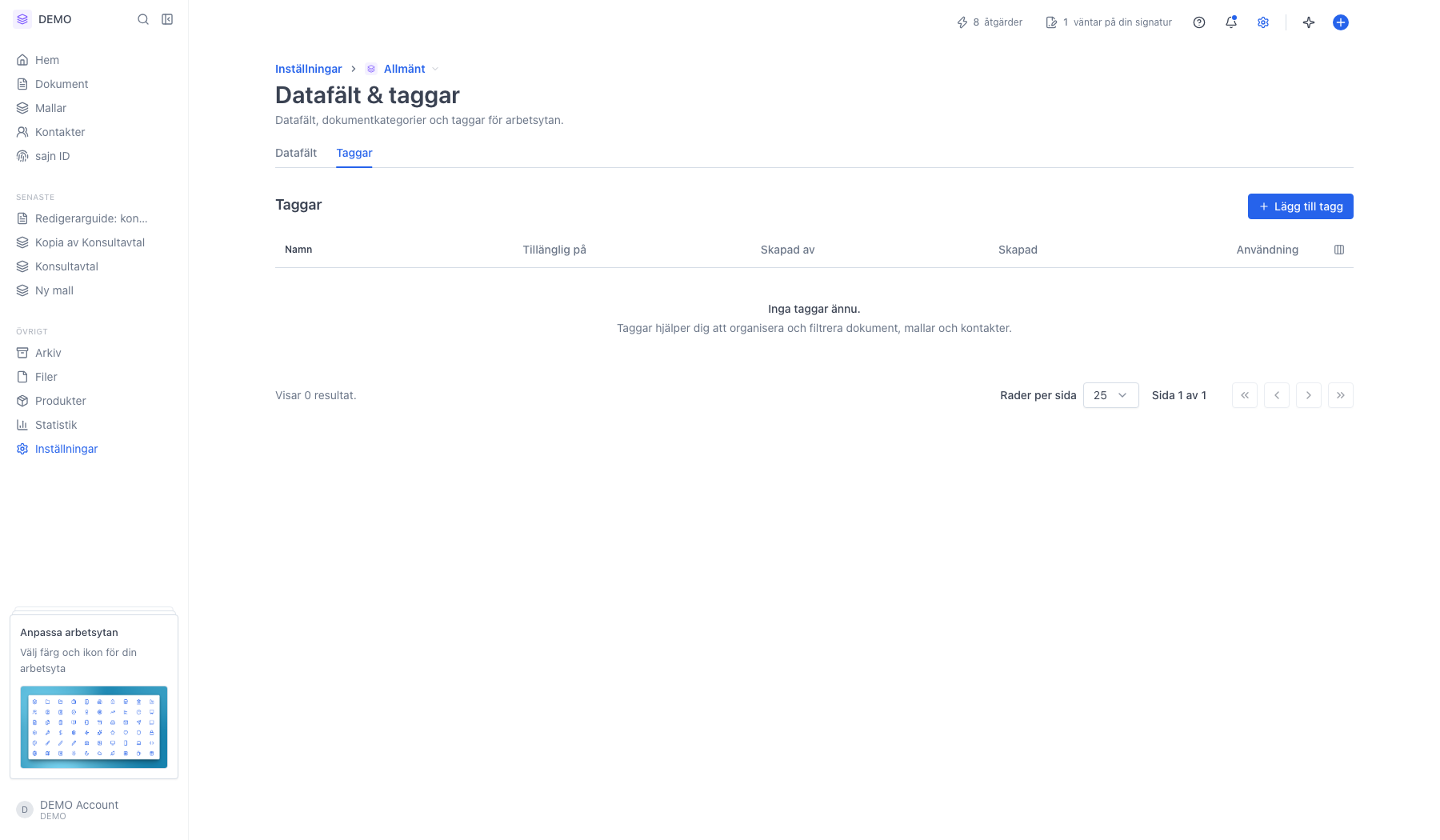 Fliken Taggar under Datafält och taggar