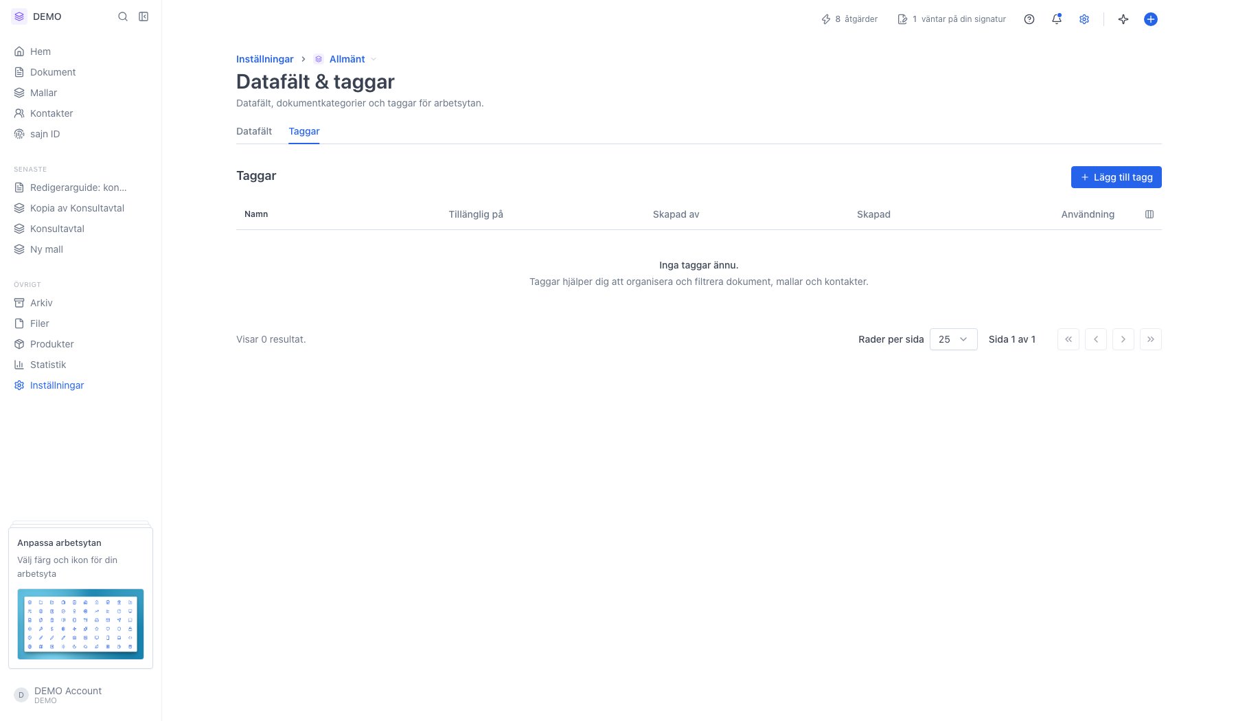 Fliken Taggar under Datafält och taggar
