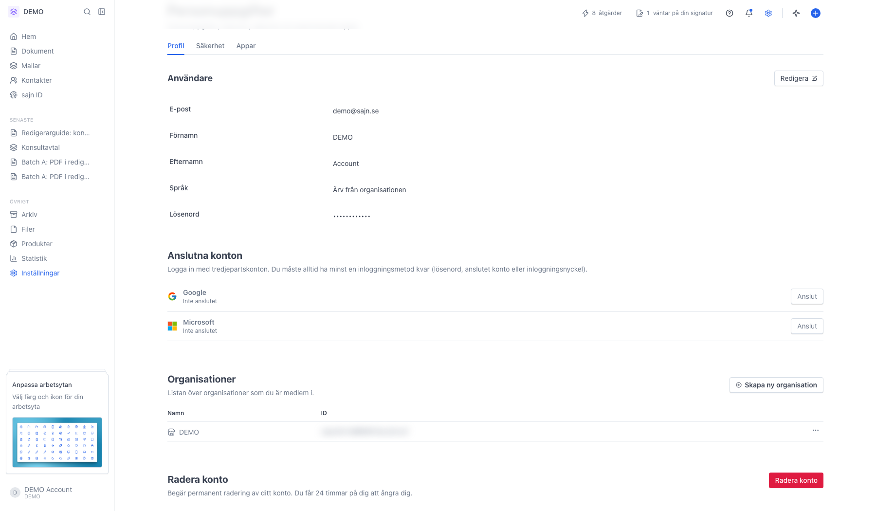 Sektionerna Anslutna konton och Organisationer
