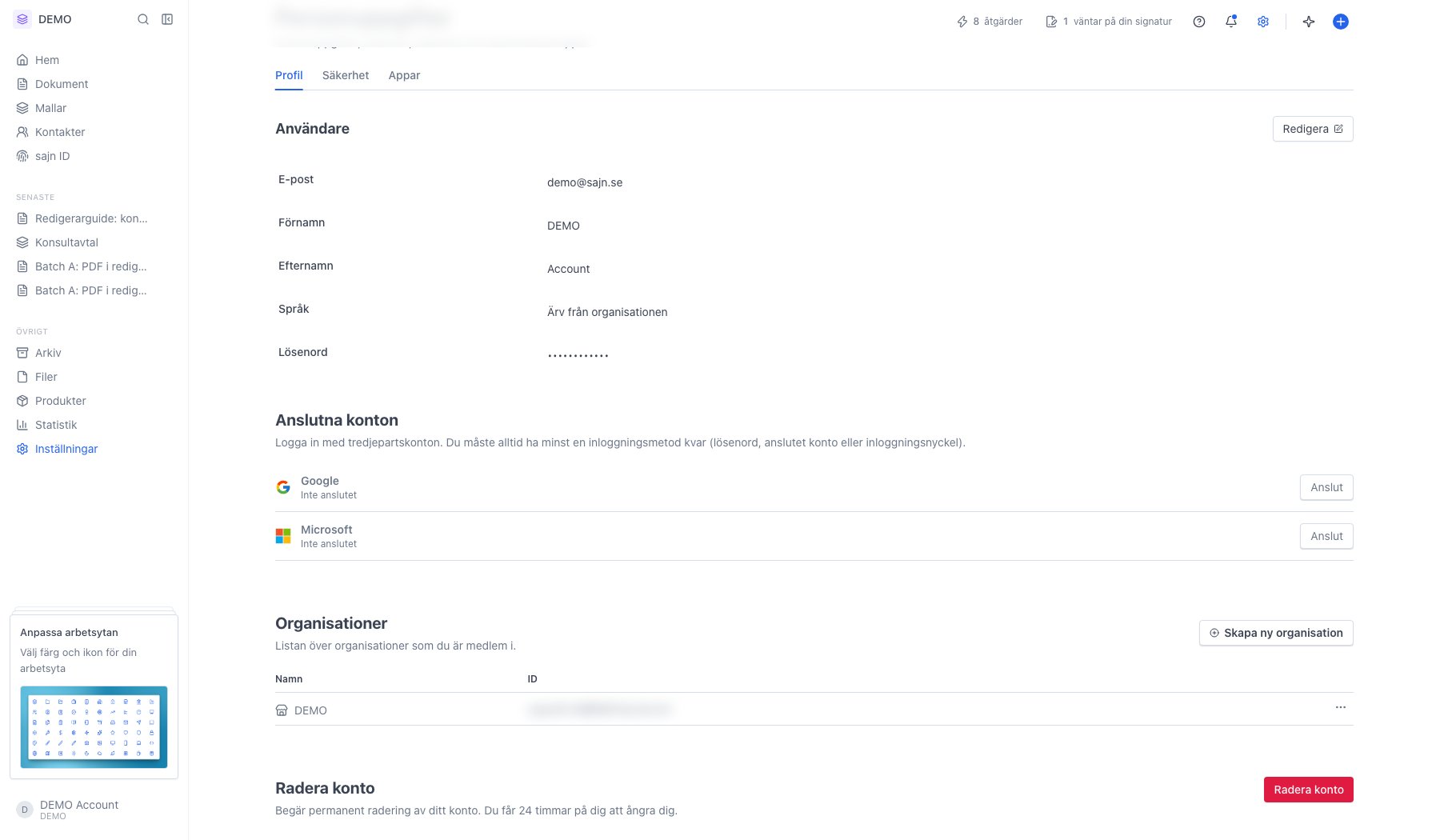 Sektionerna Anslutna konton och Organisationer