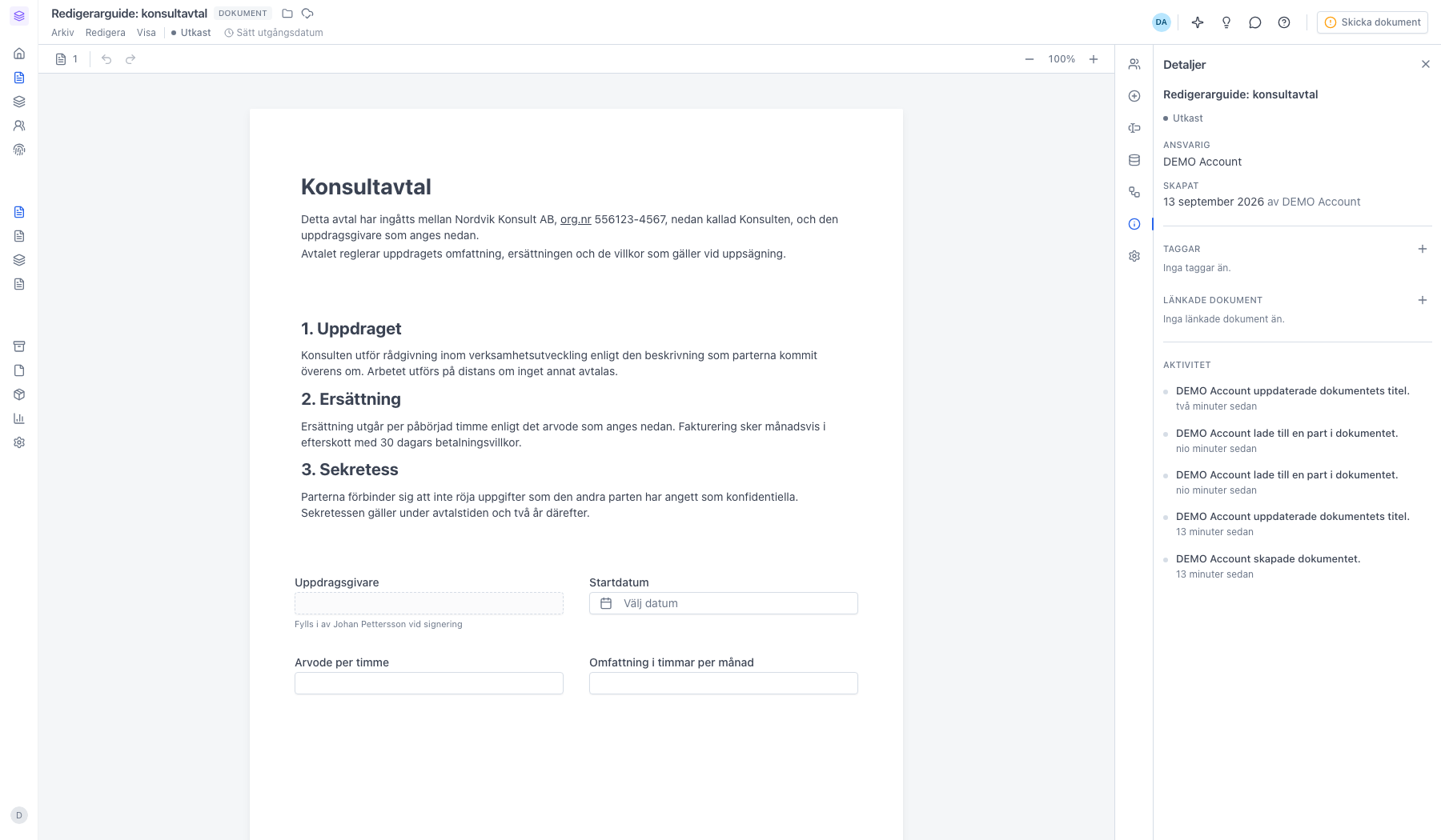 Panelen Detaljer med ansvarig, taggar, länkade dokument och aktivitet