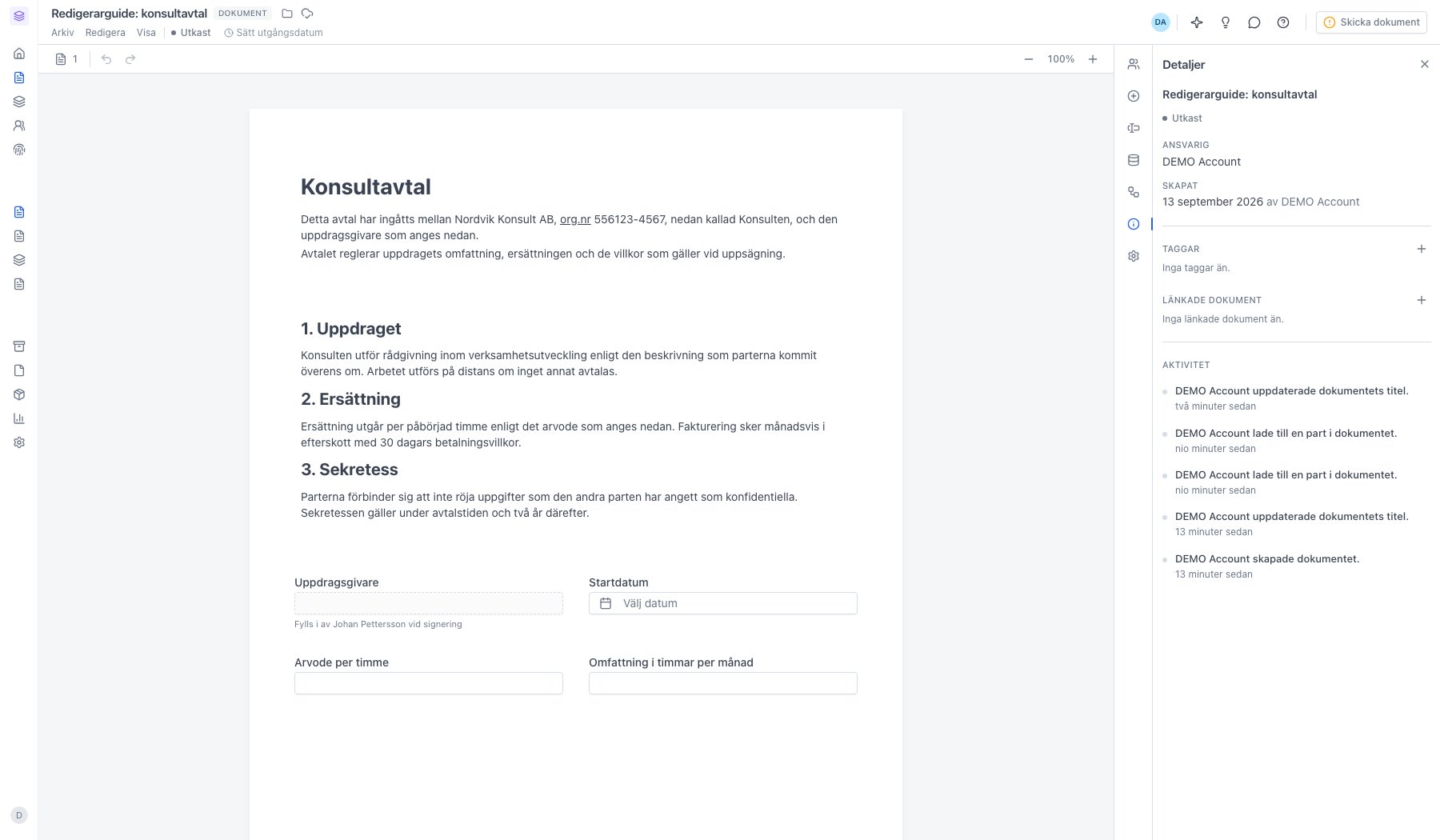 Panelen Detaljer med ansvarig, taggar, länkade dokument och aktivitet