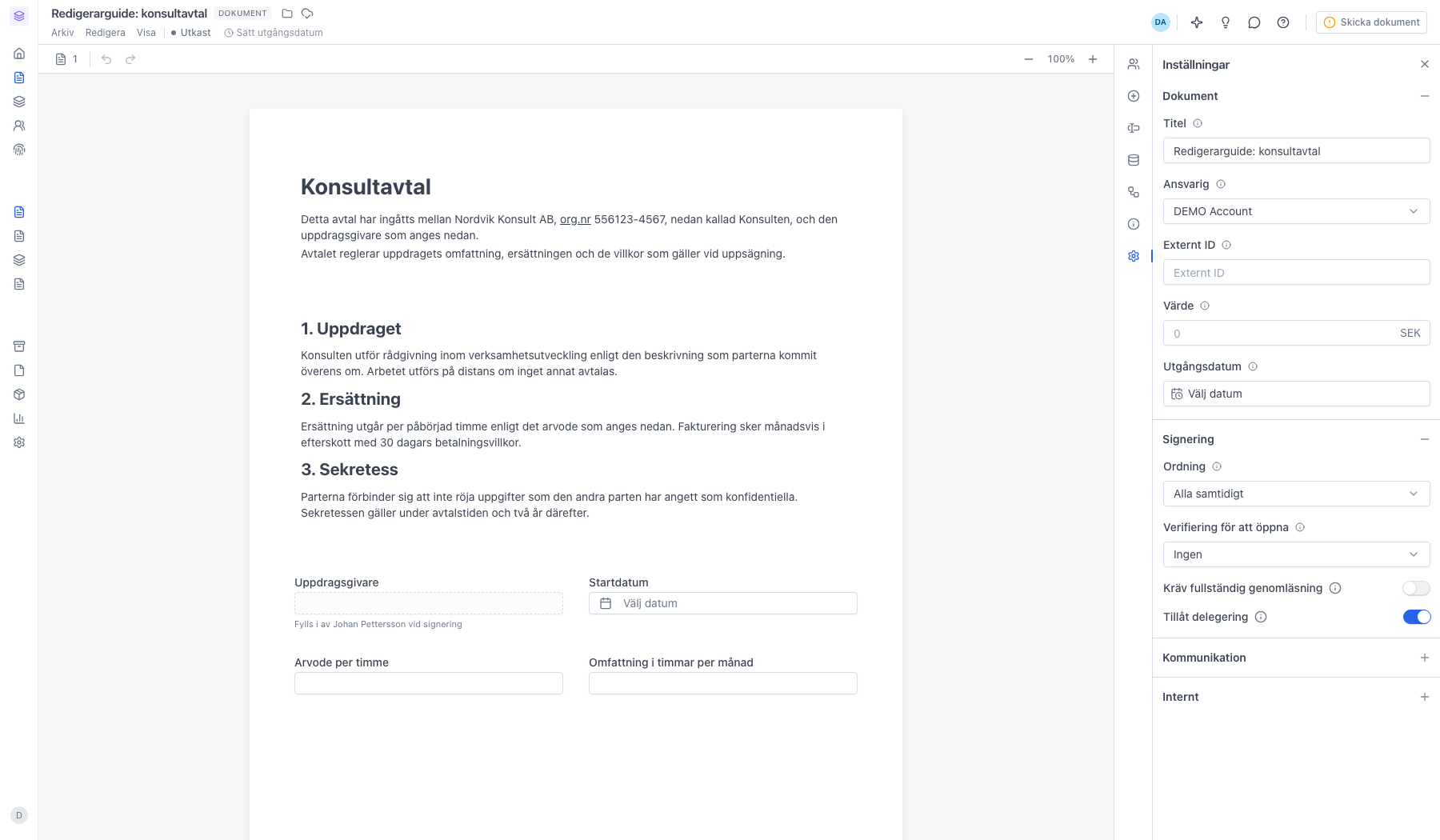 Panelen Inställningar med avsnitten Dokument och Signering