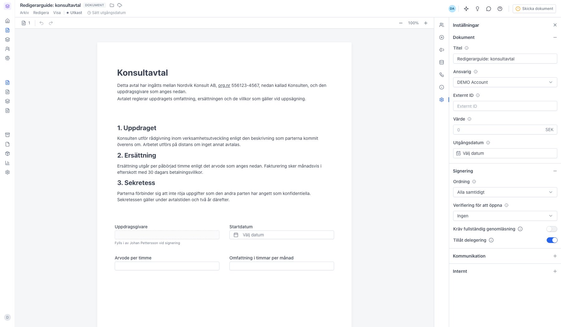 Panelen Inställningar med avsnitten Dokument och Signering