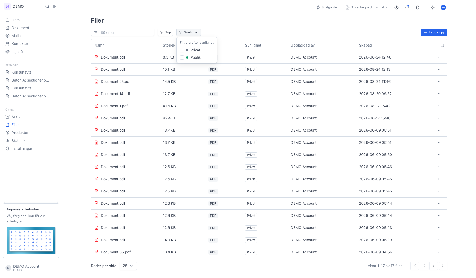 Synlighet-filtret öppet med valen Privat och Publik