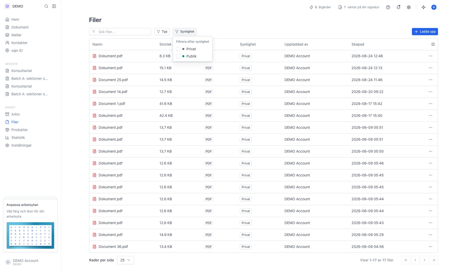 Synlighet-filtret öppet med valen Privat och Publik