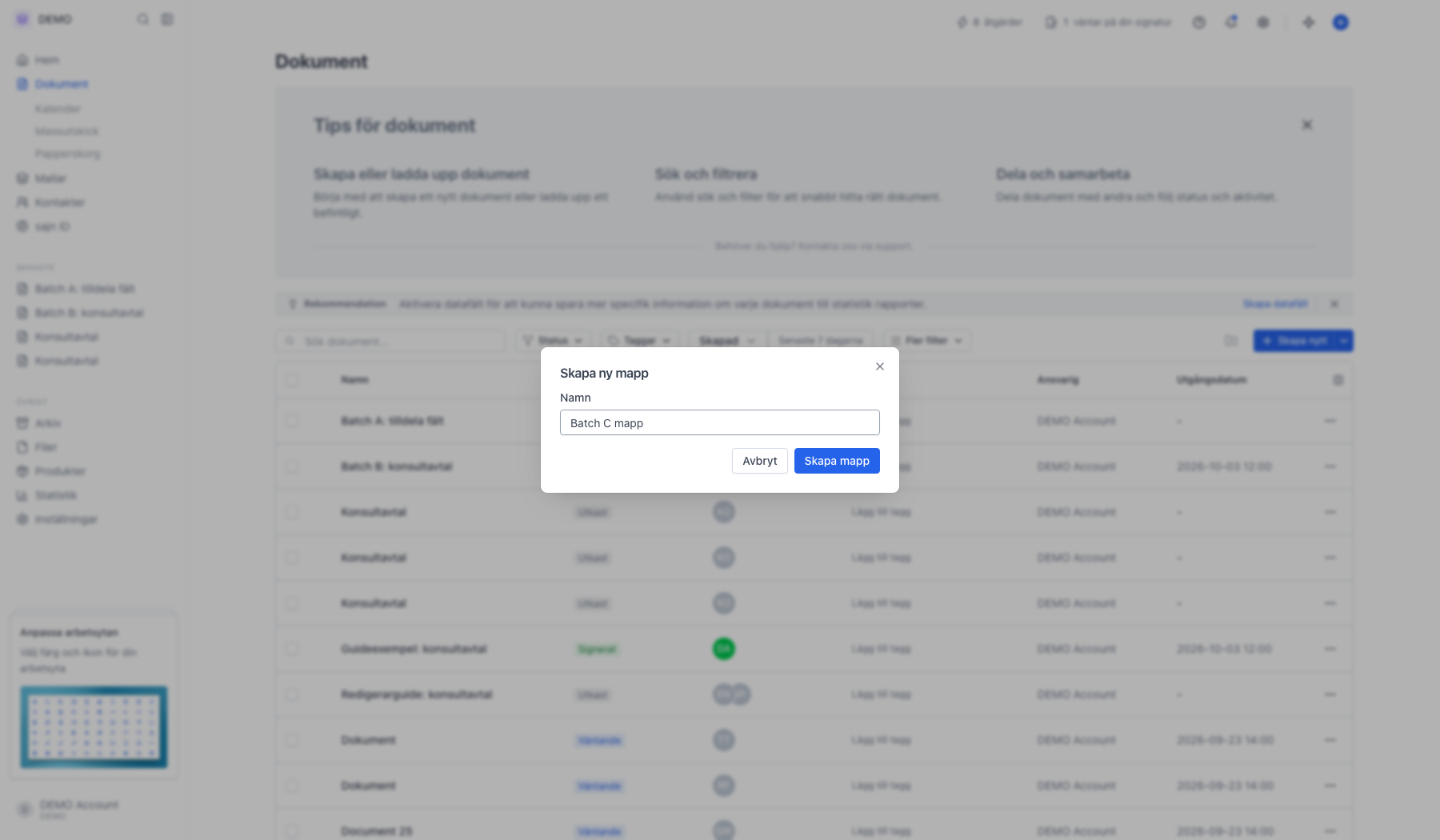 Dialog med ifyllt mappnamn och Skapa mapp-knappen redo att klickas