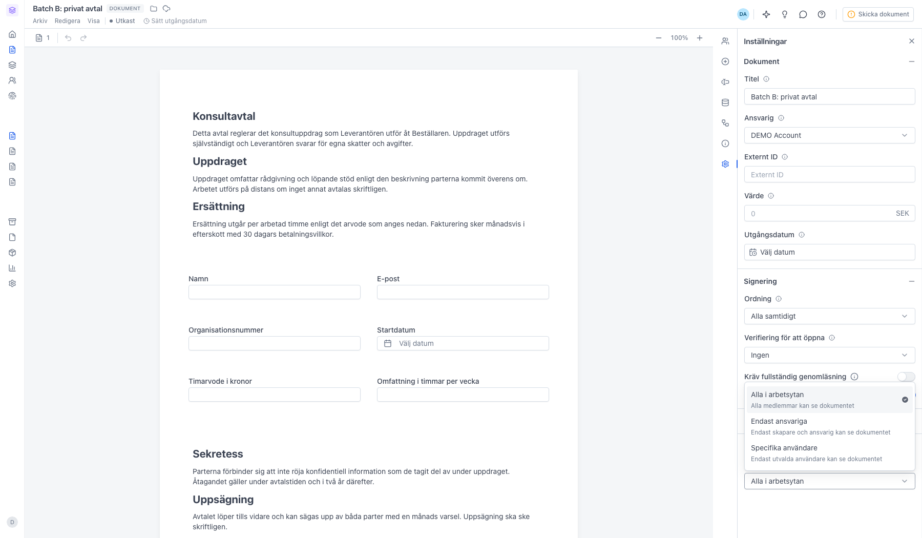 Listan med synlighetsalternativ öppen