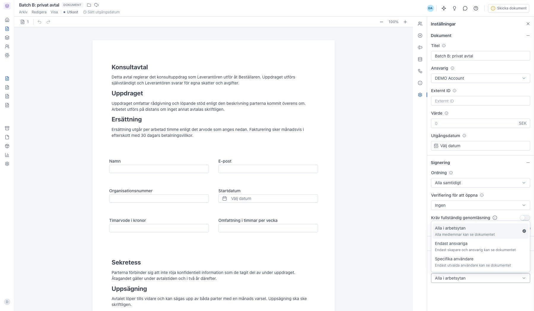 Listan med synlighetsalternativ öppen