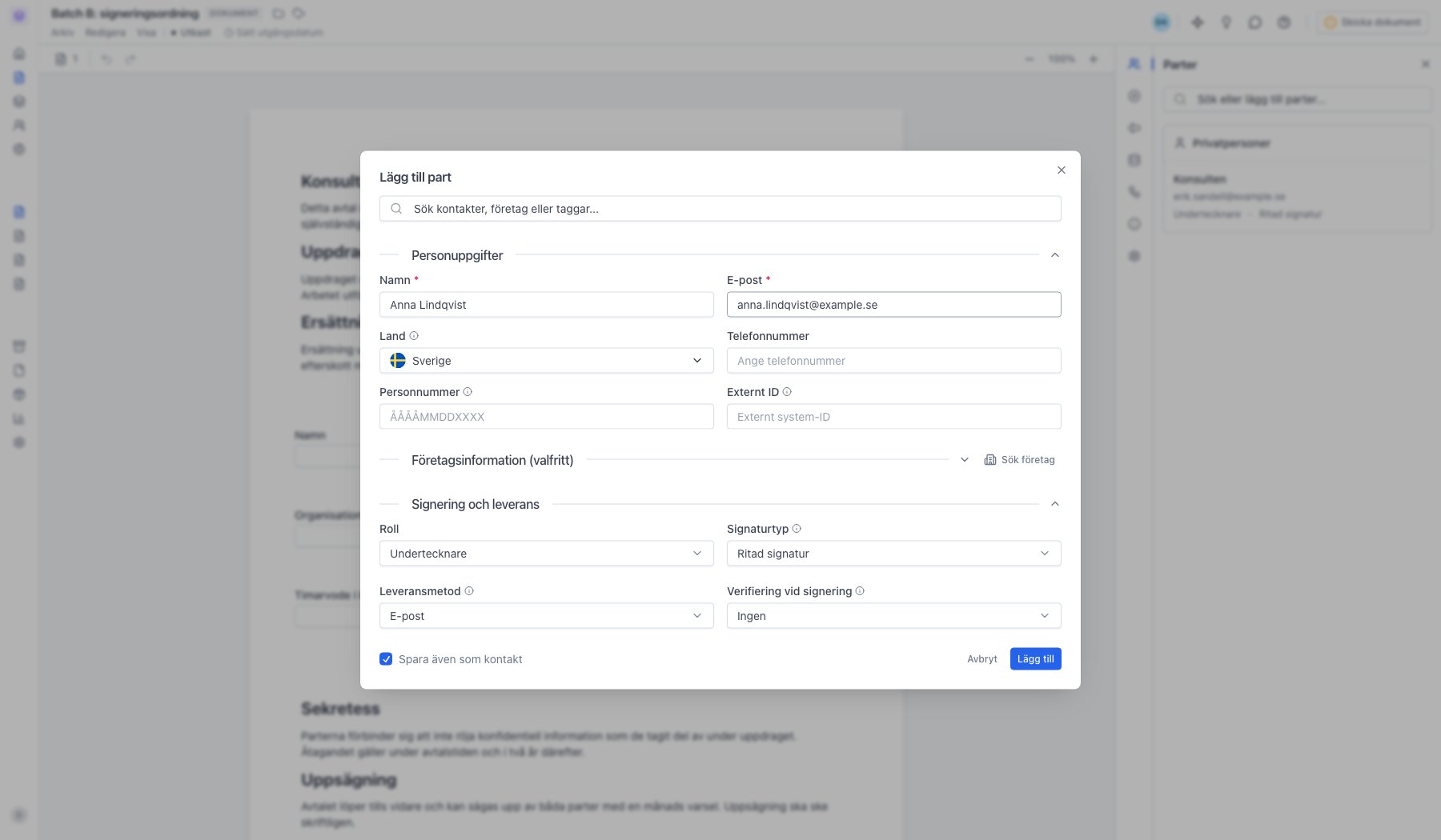 Dialogen Lägg till part med namn och e-postadress ifyllda