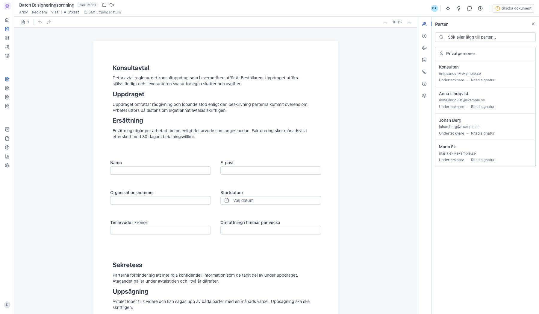 Panelen Parter med fyra parter utan signeringsordning