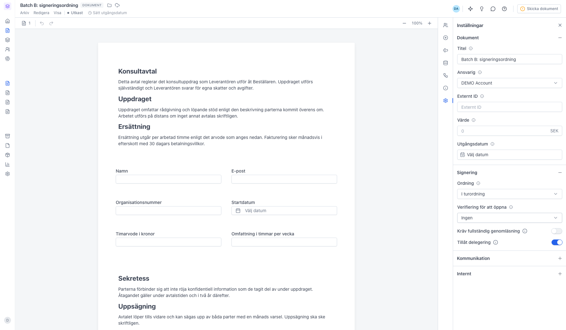 Inställningen Ordning satt till I turordning