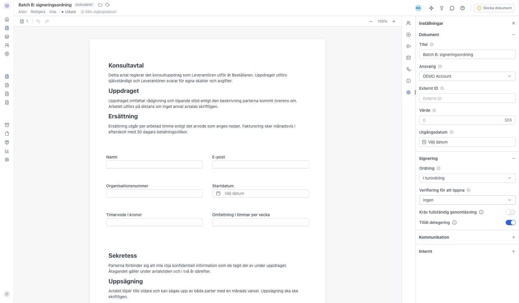 Inställningen Ordning satt till I turordning