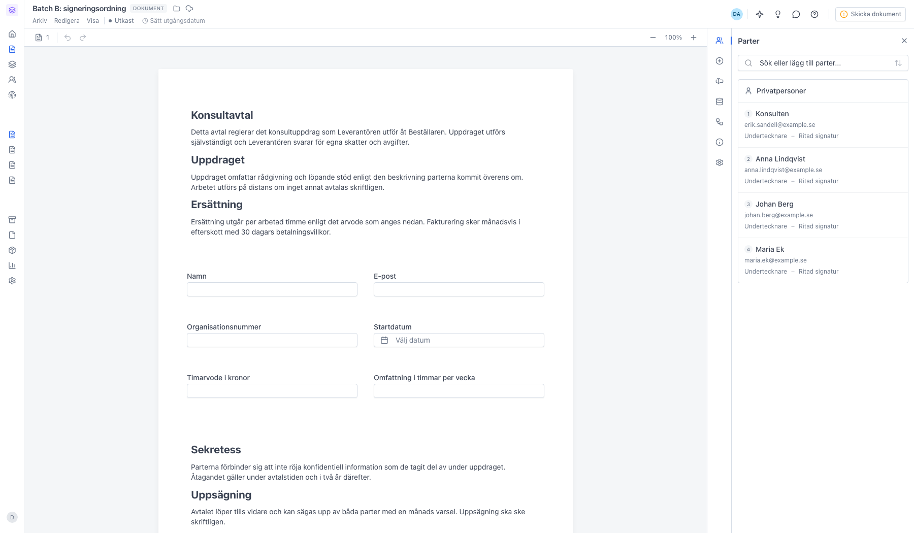 Panelen Parter med numrerade parter