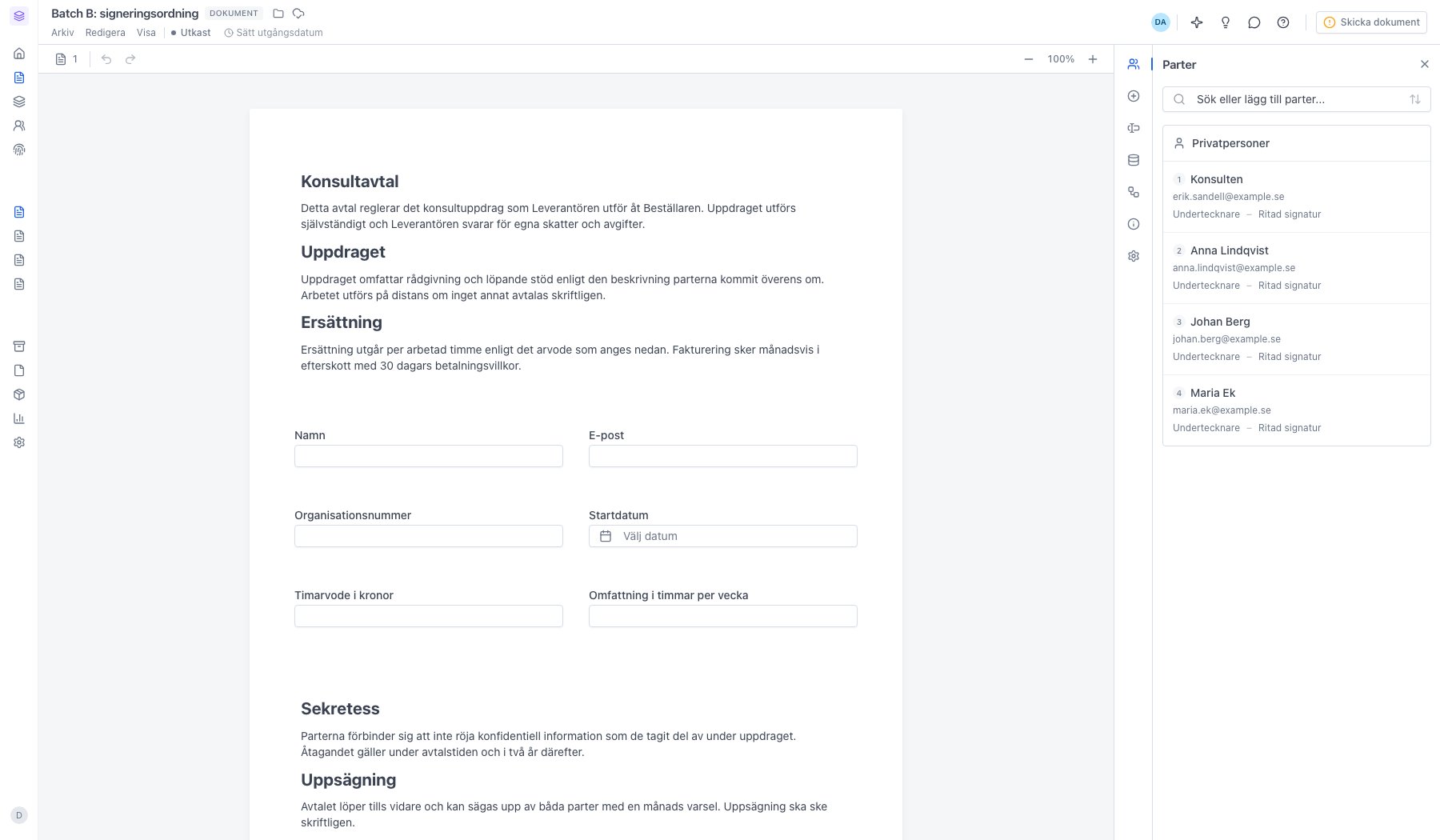 Panelen Parter med numrerade parter