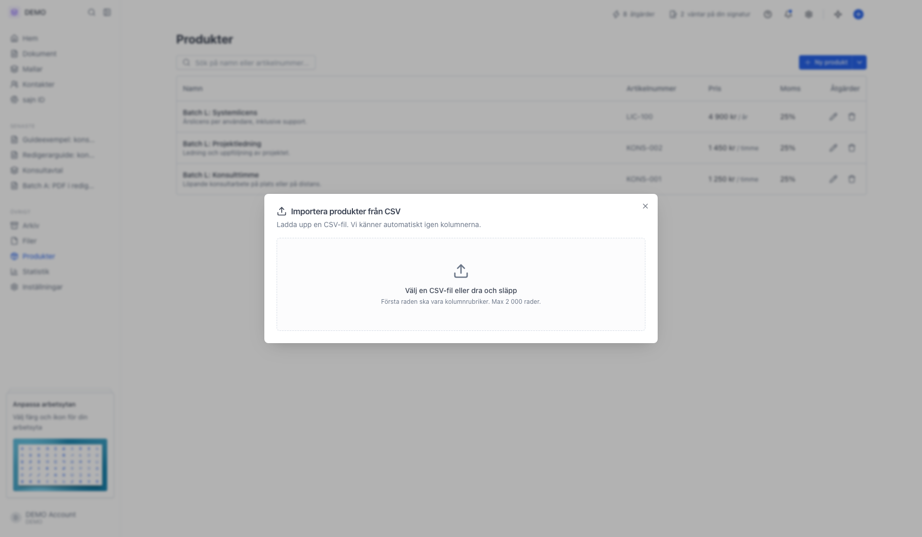 Rutan Importera produkter från CSV med ytan för att välja fil