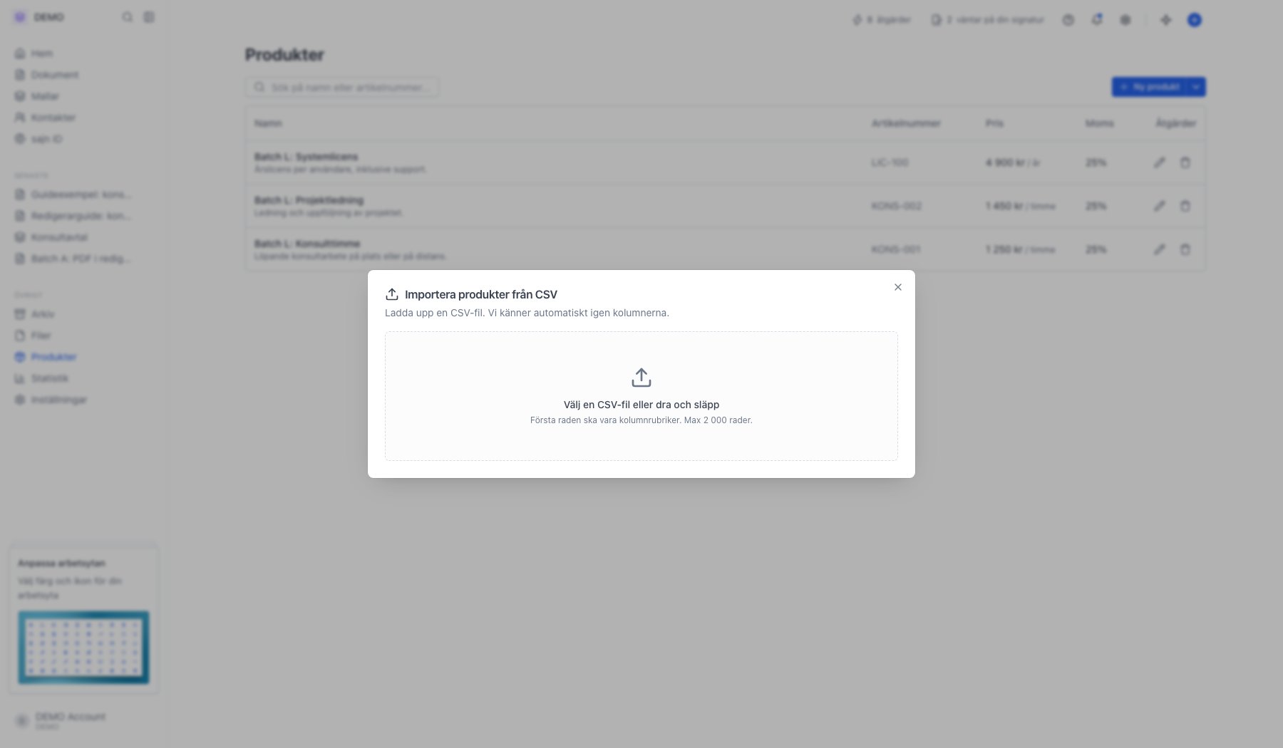 Rutan Importera produkter från CSV med ytan för att välja fil