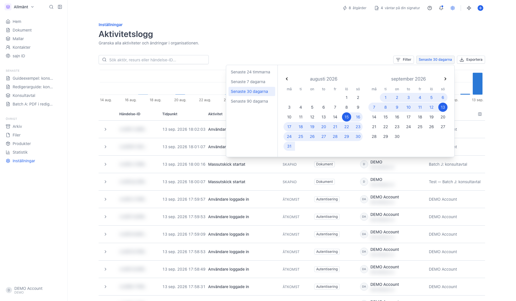 Periodväljaren öppen med de fyra snabbvalen och en kalender