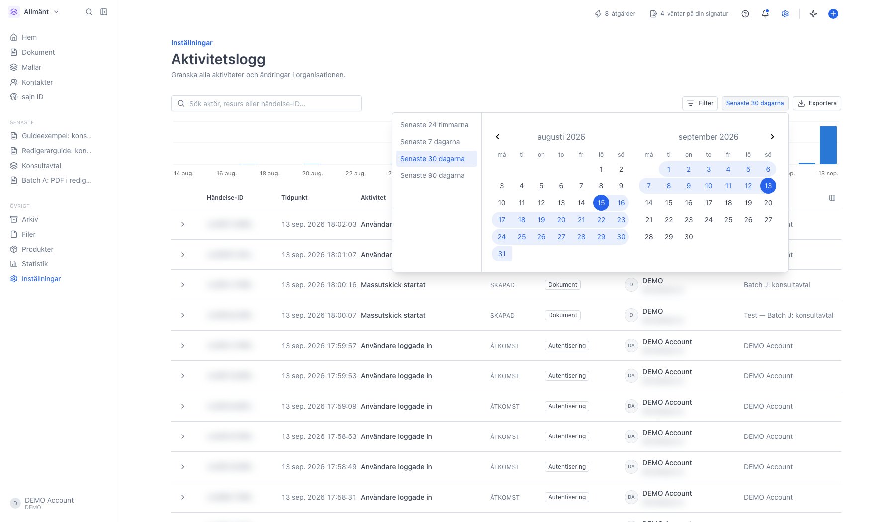 Periodväljaren öppen med de fyra snabbvalen och en kalender