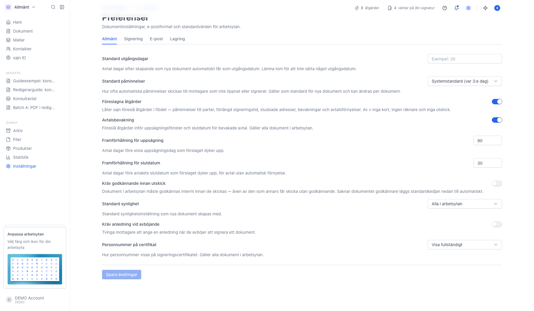 Inställningen Kräv godkännande innan utskick under Preferenser