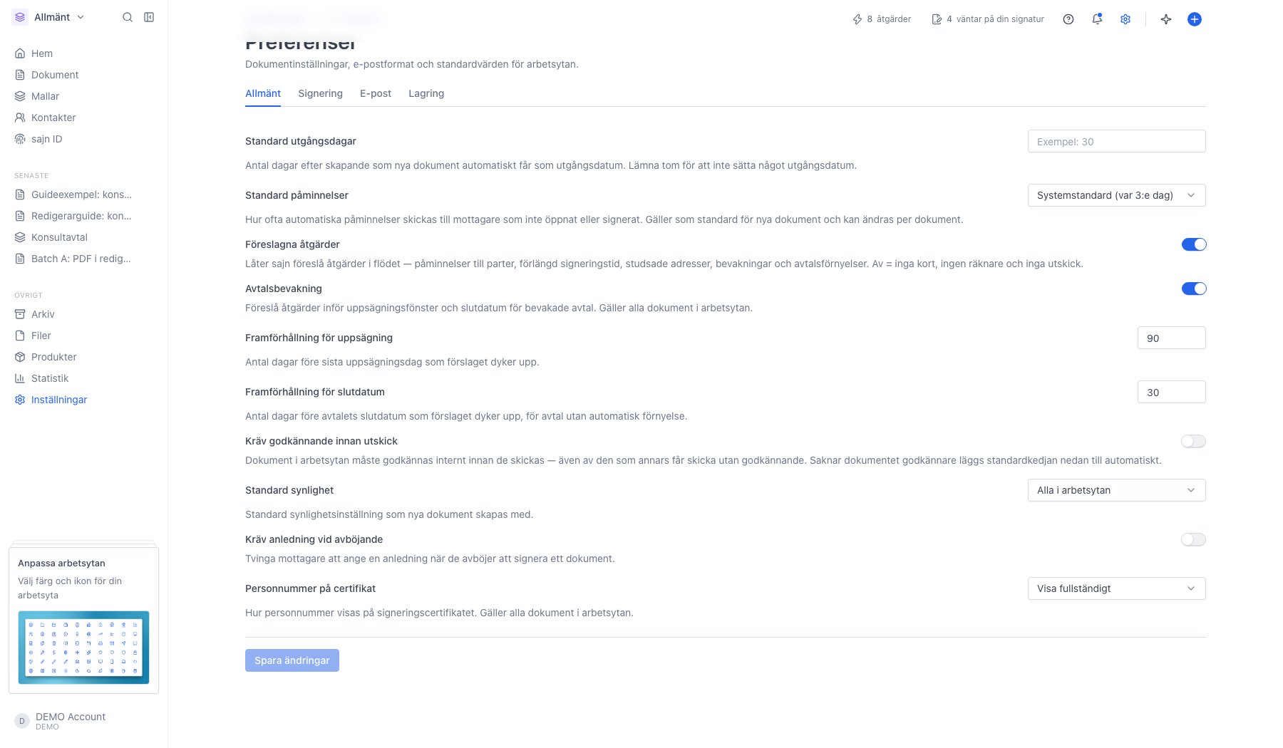 Inställningen Kräv godkännande innan utskick under Preferenser
